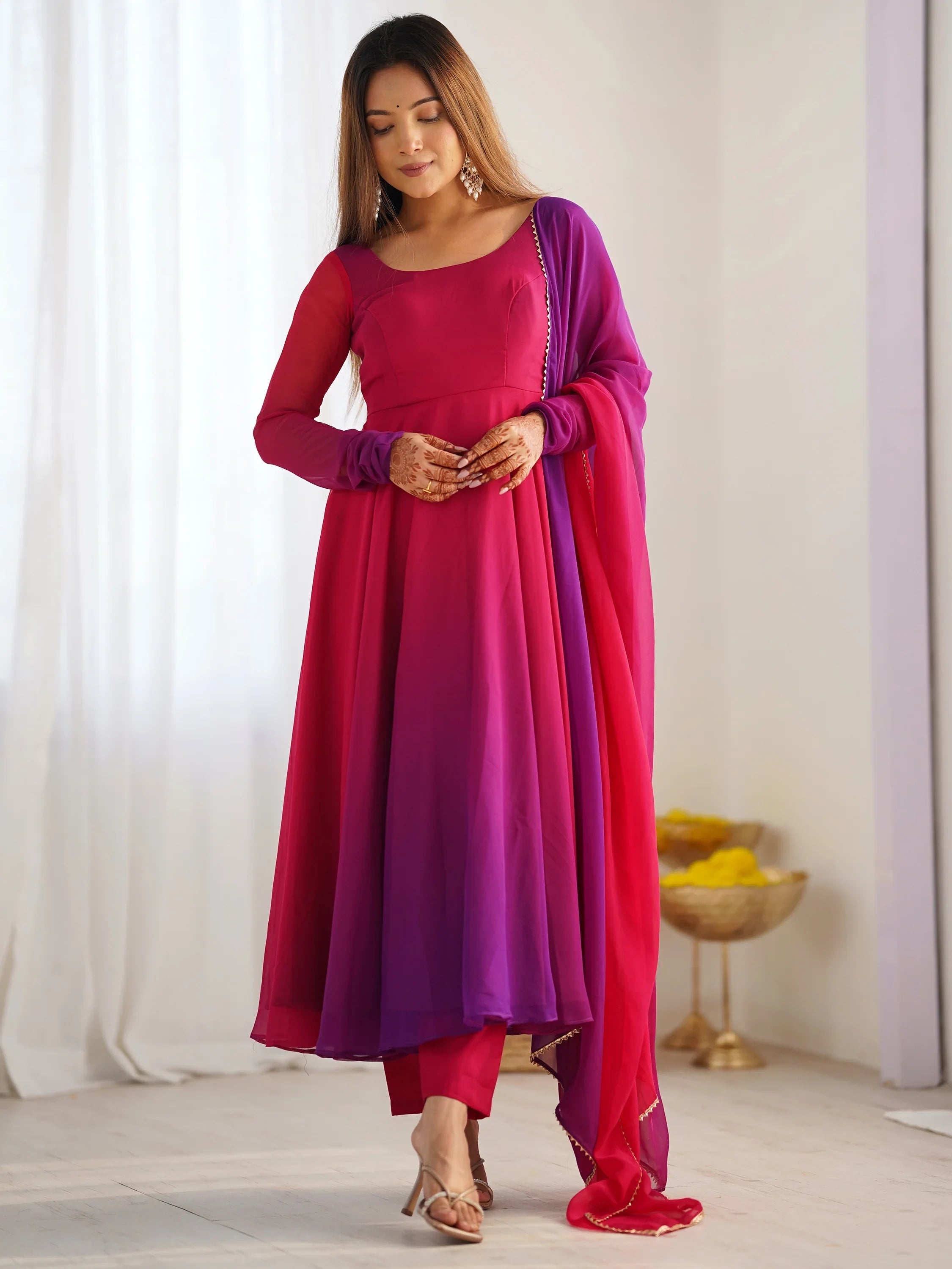 Pink Shaded Georgette Casual Wear Anarkali Suit With Dupatta for Women