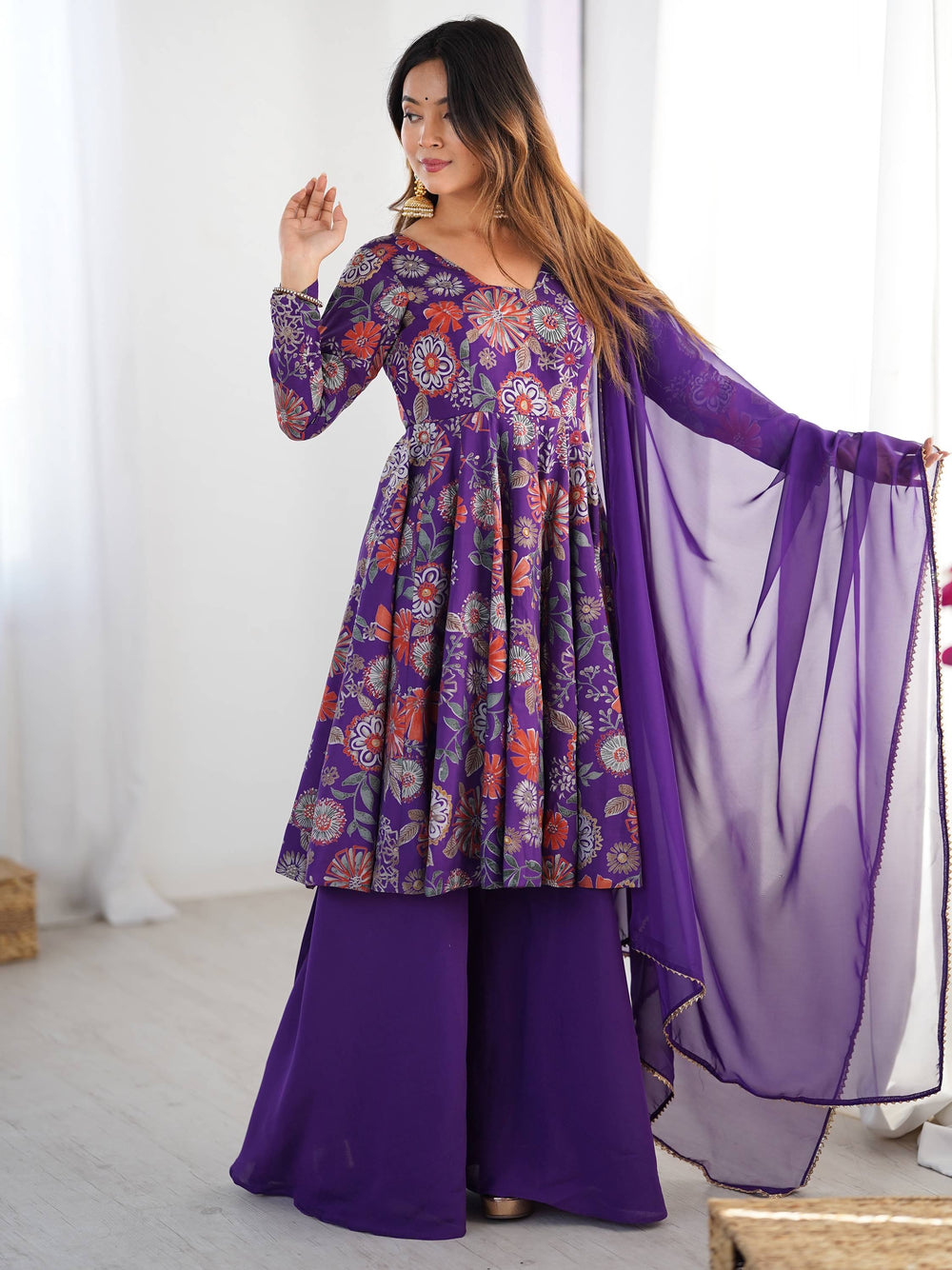 Purple Printed Silk Festive Wear Palazzo Suit With Dupatta for Women