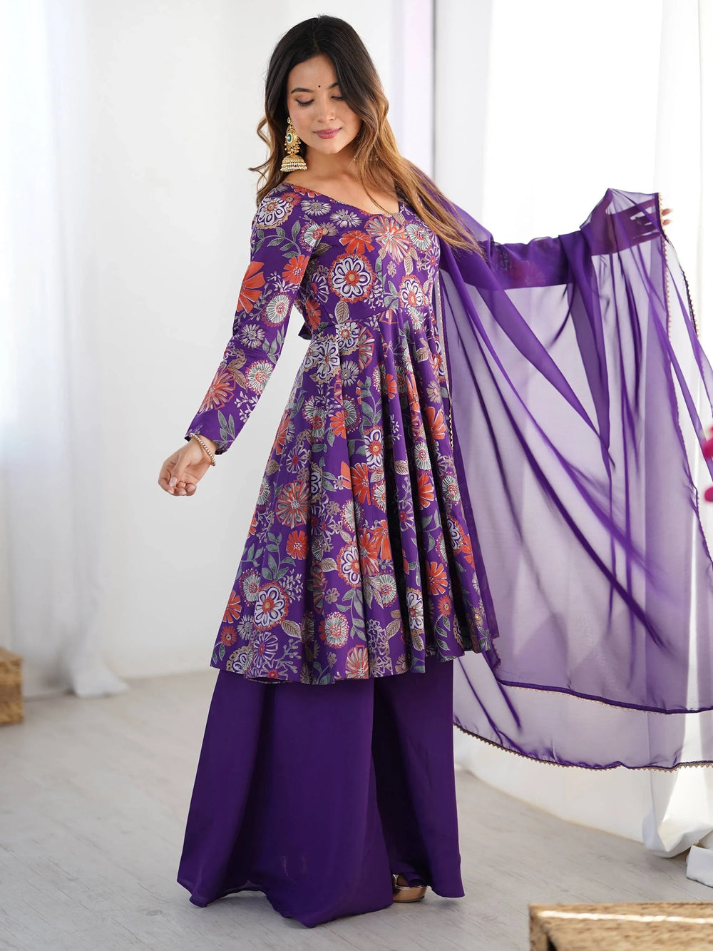 Purple Printed Silk Festive Wear Palazzo Suit With Dupatta for Women
