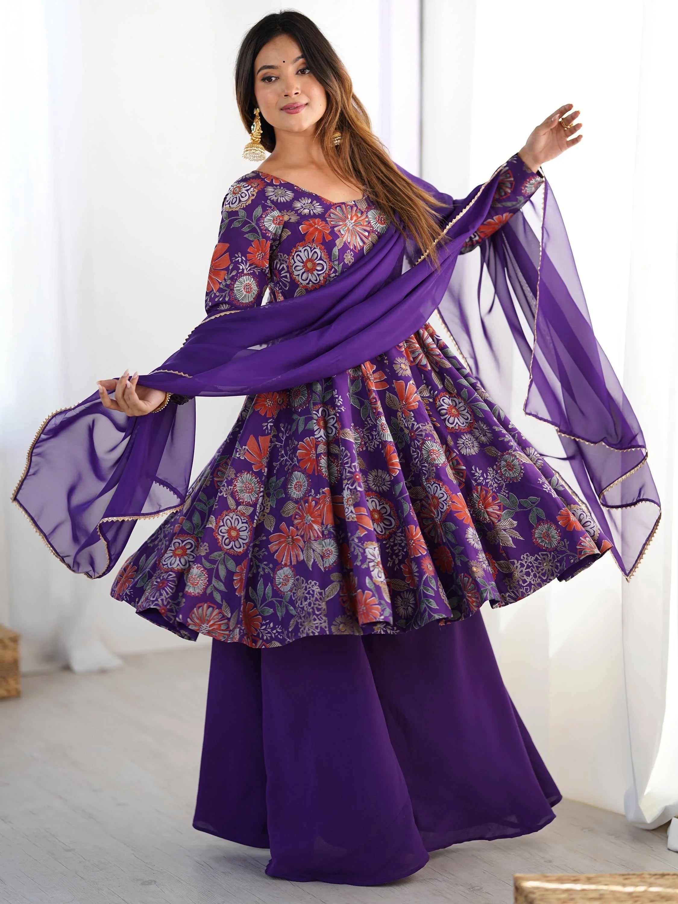 Purple Printed Silk Festive Wear Palazzo Suit With Dupatta for Women