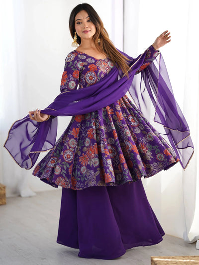 Purple Printed Silk Festive Wear Palazzo Suit With Dupatta for Women