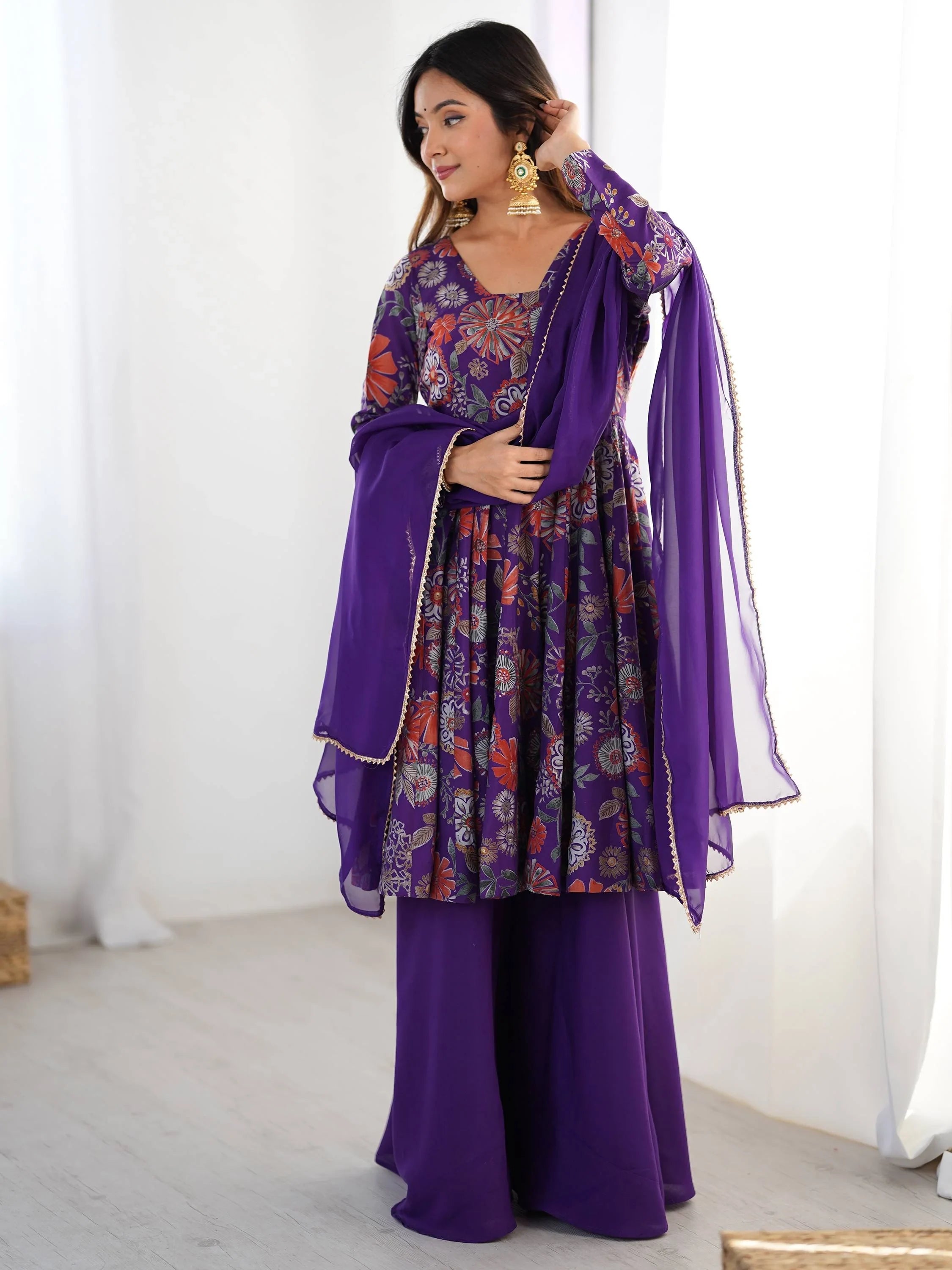 Purple Printed Silk Festive Wear Palazzo Suit With Dupatta for Women