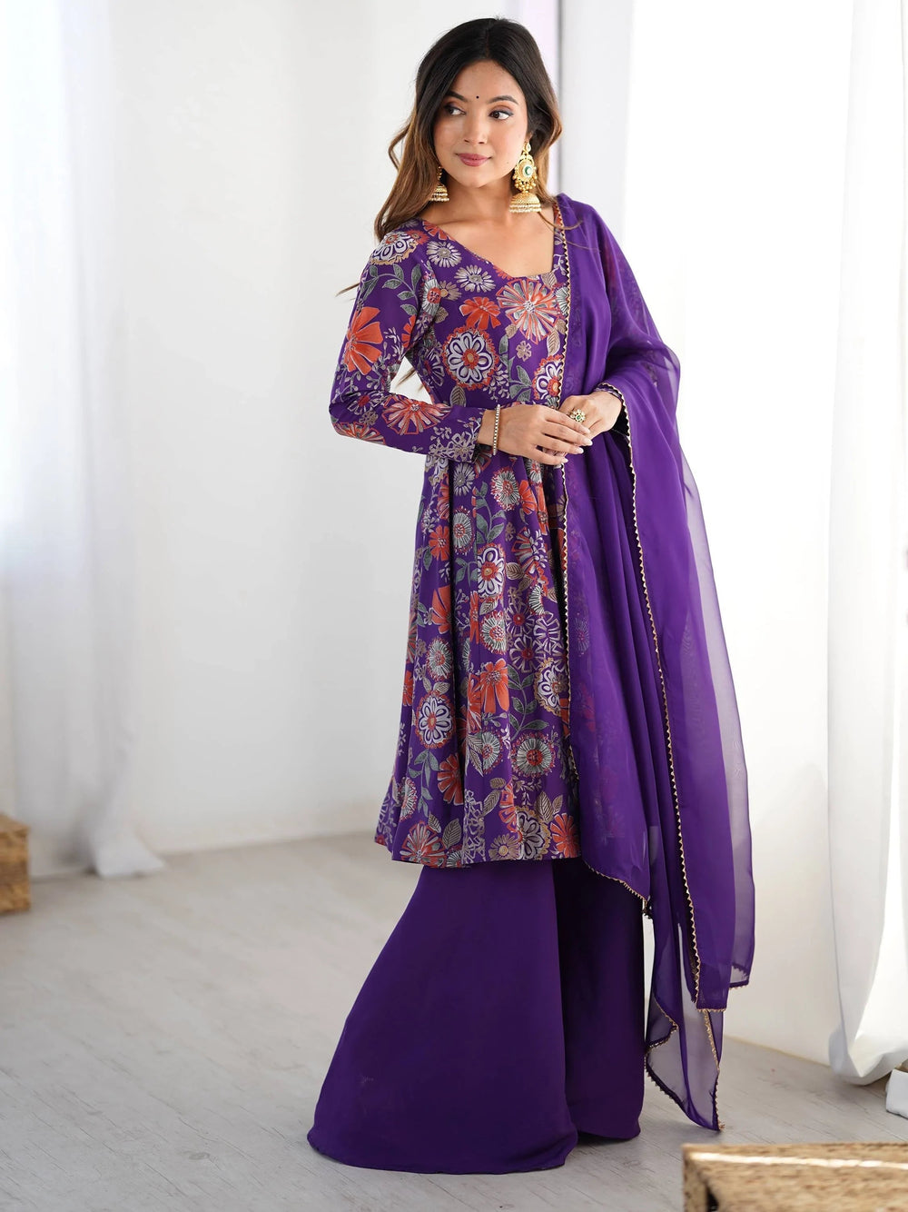 Purple Printed Silk Festive Wear Palazzo Suit With Dupatta for Women