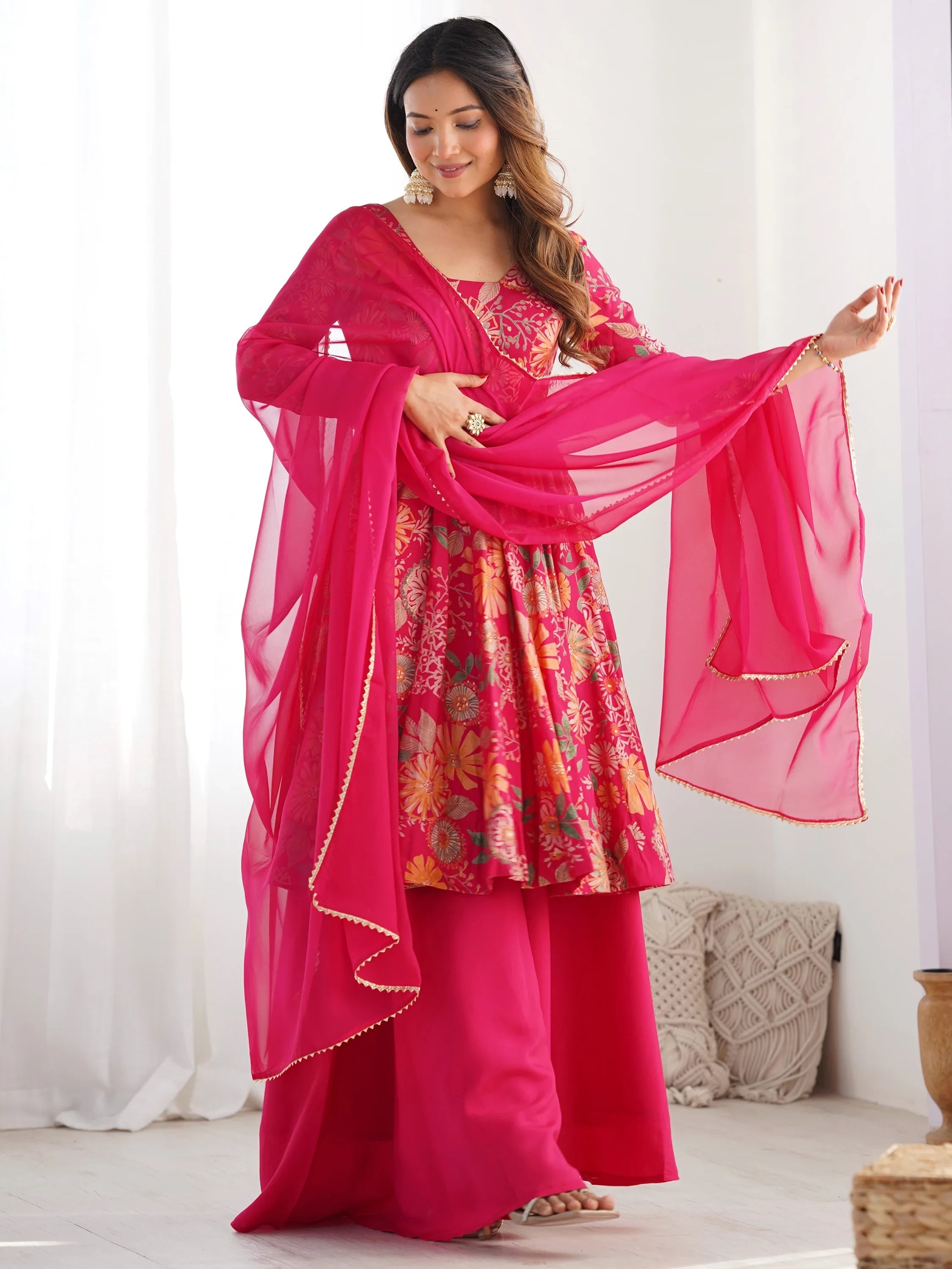 Pink Printed Silk Festive Wear Palazzo Suit With Dupatta for Women