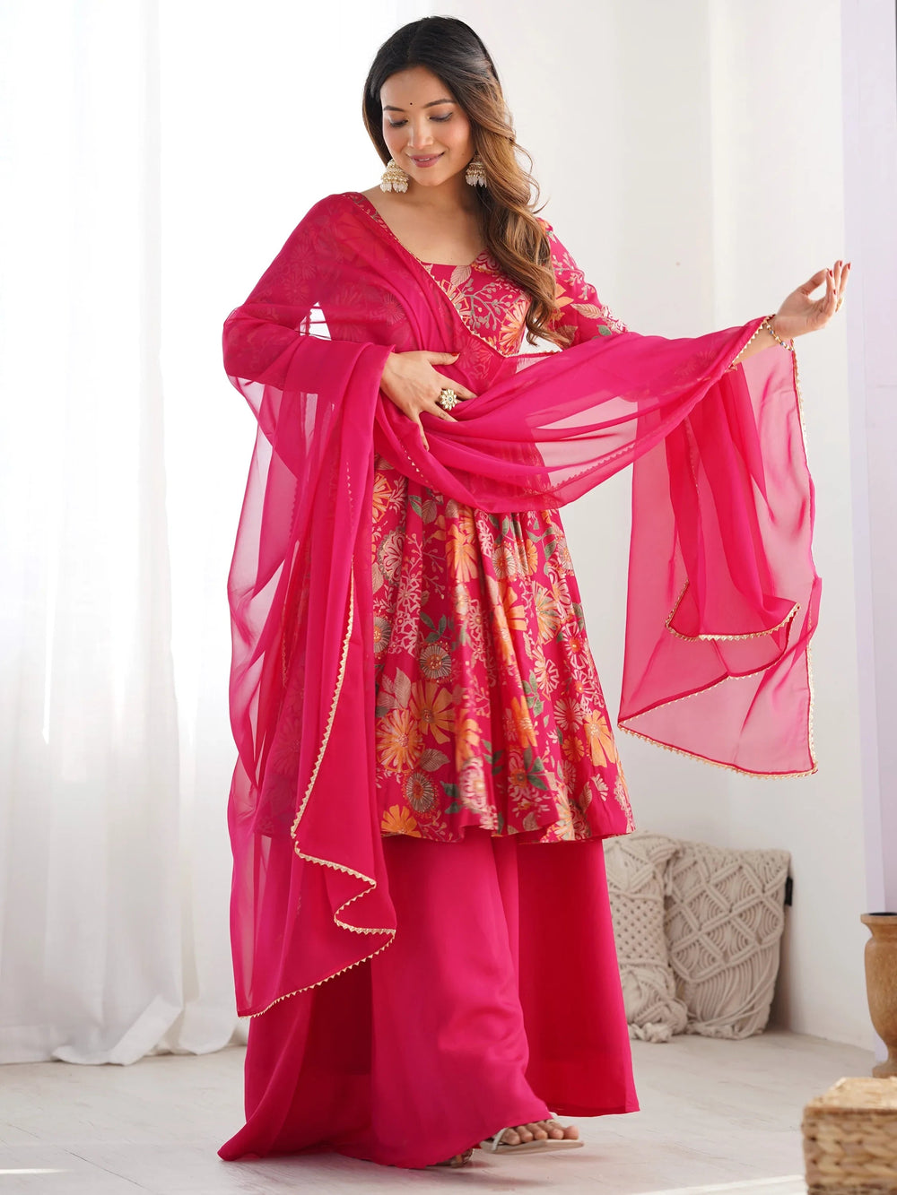 Pink Printed Silk Festive Wear Palazzo Suit With Dupatta for Women