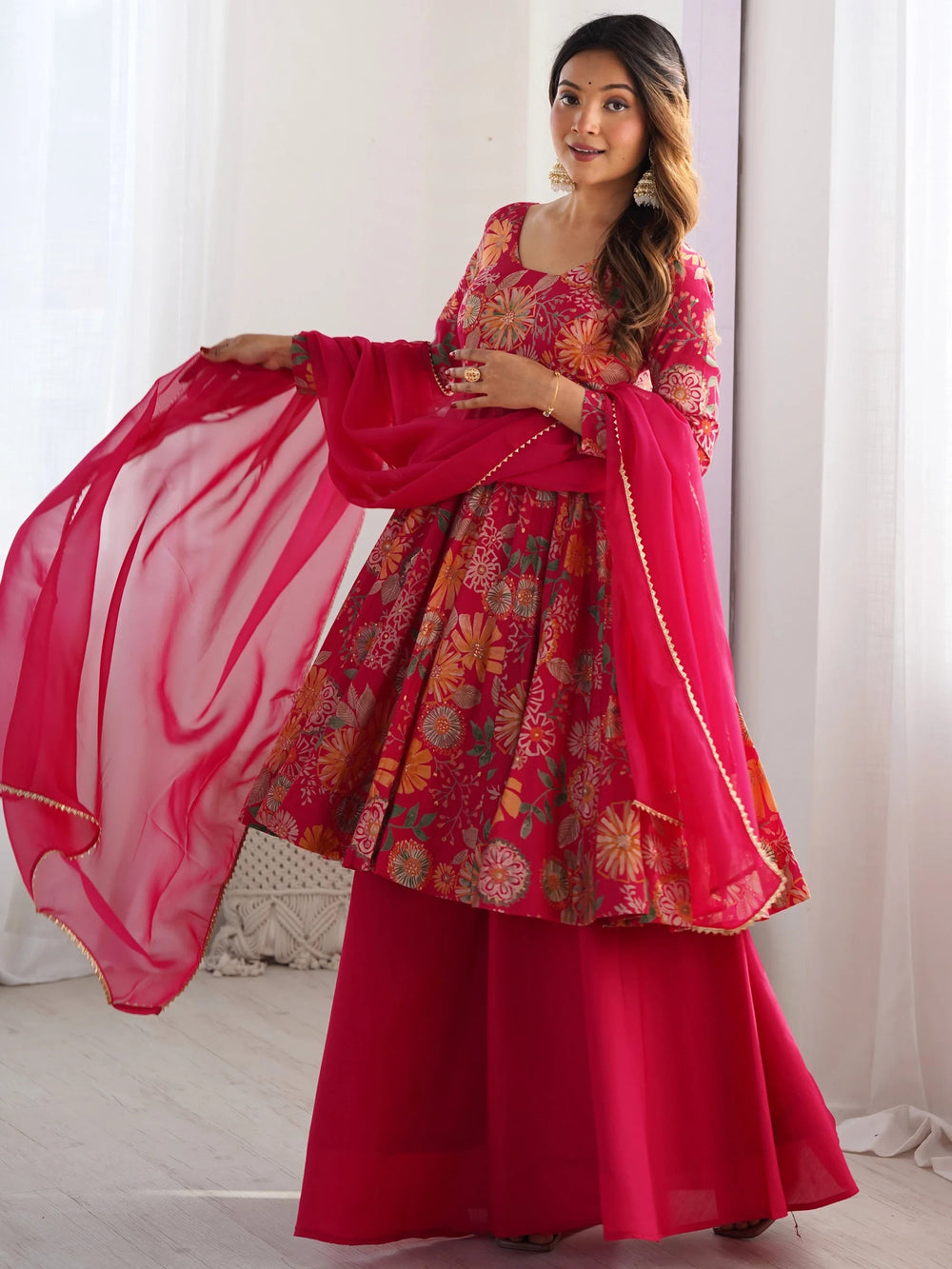 Pink Printed Silk Festive Wear Palazzo Suit With Dupatta for Women