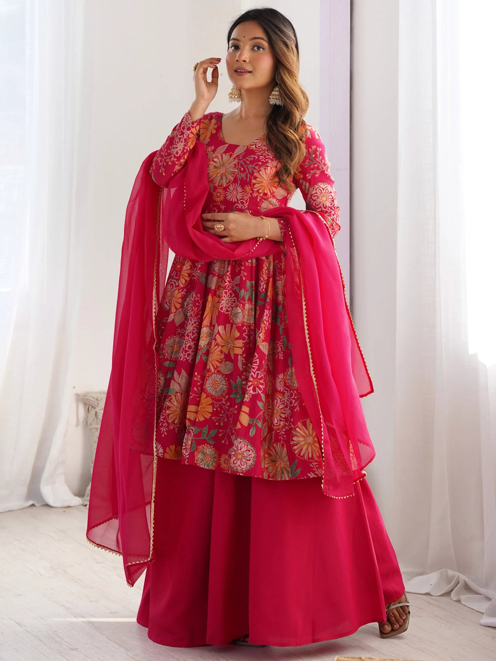 Pink Printed Silk Festive Wear Palazzo Suit With Dupatta for Women