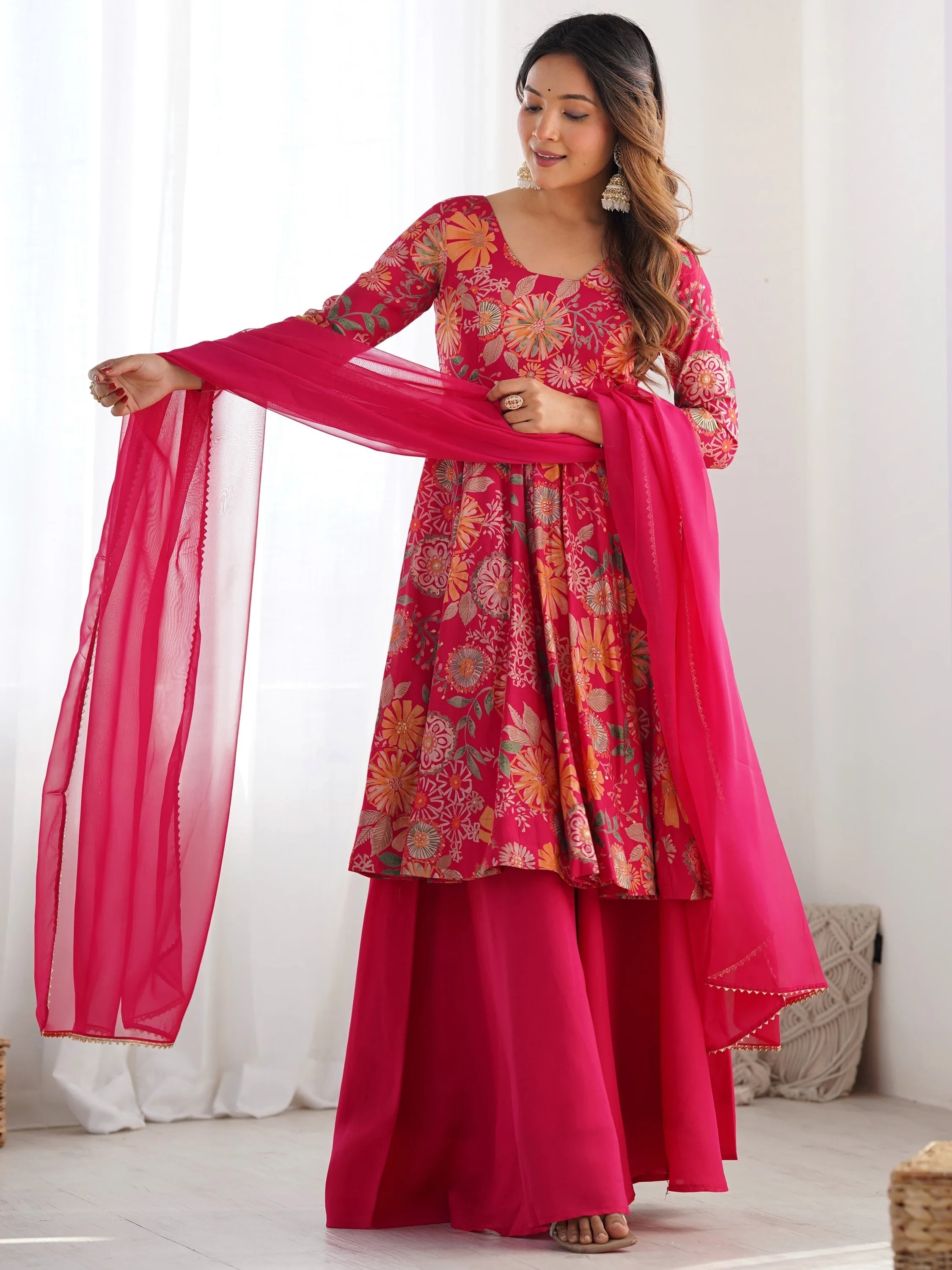 Pink Printed Silk Festive Wear Palazzo Suit With Dupatta for Women