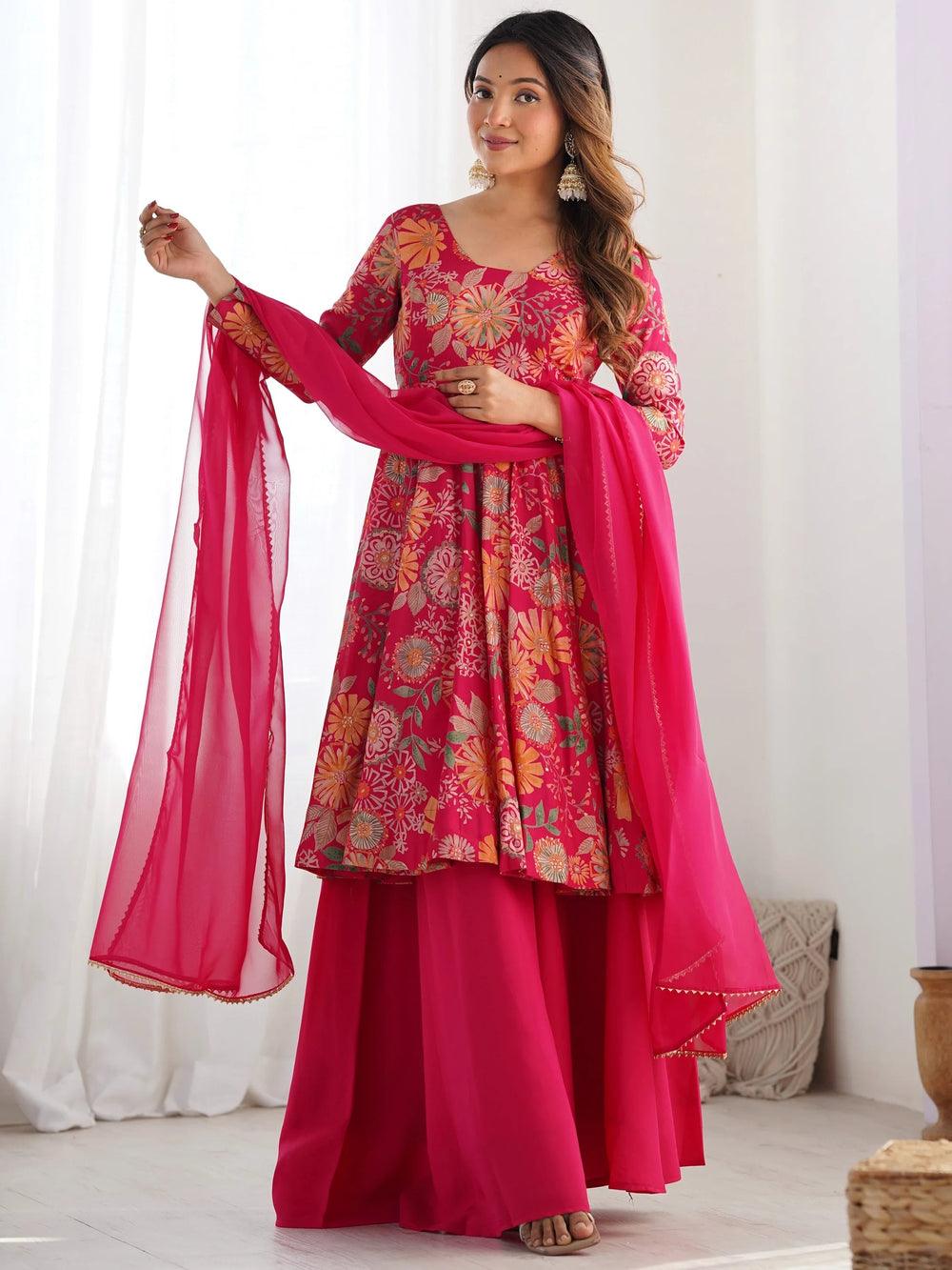 Pink Printed Silk Festive Wear Palazzo Suit With Dupatta for Women