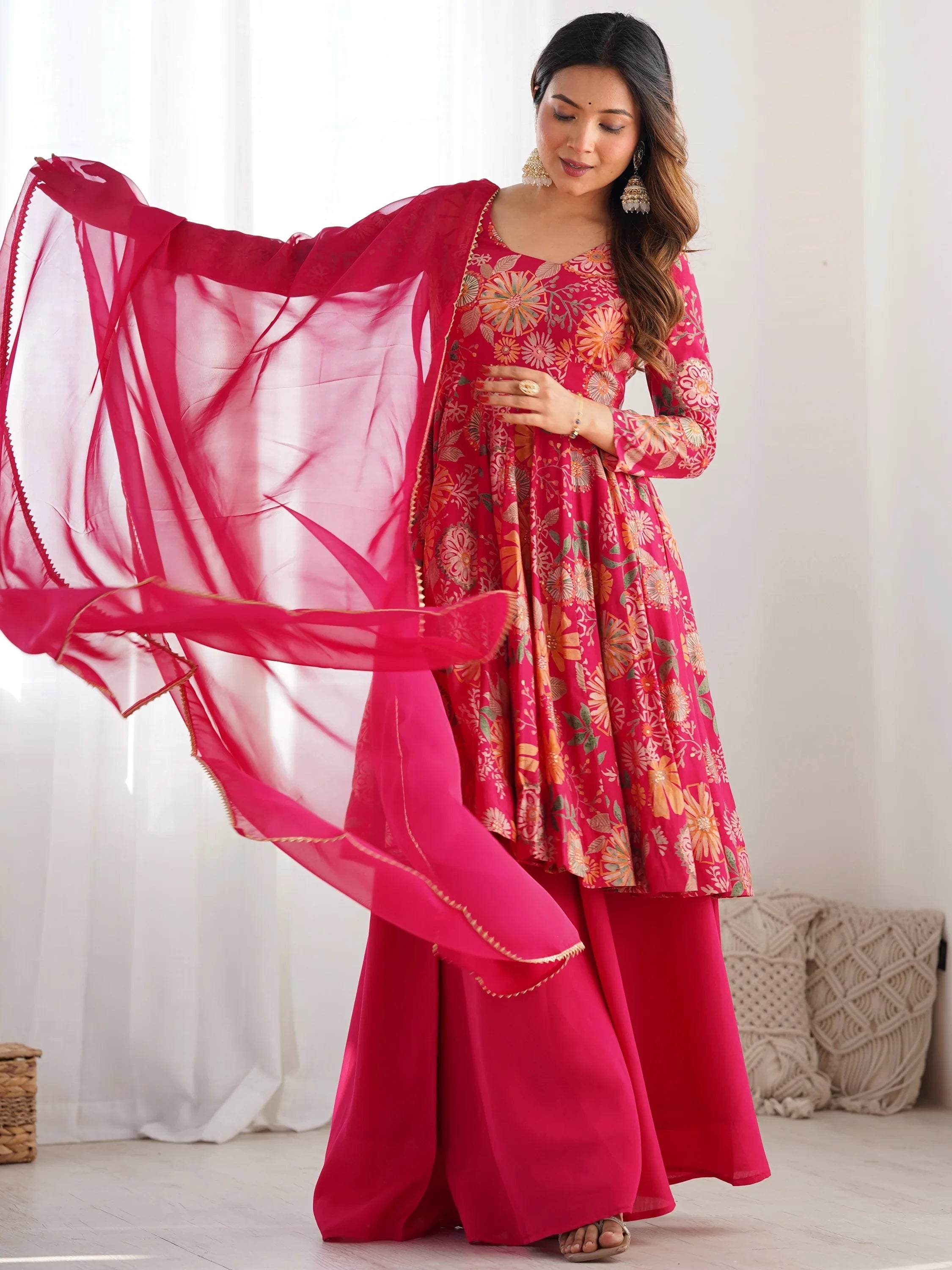 Pink Printed Silk Festive Wear Palazzo Suit With Dupatta for Women