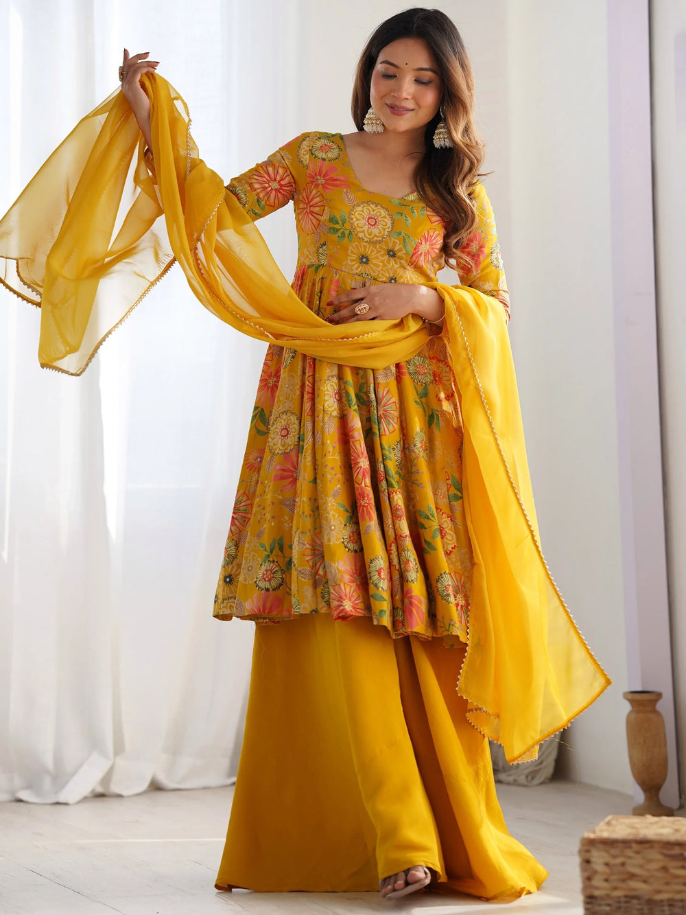 Yellow Printed Silk Festive Wear Palazzo Suit With Dupatta for Women