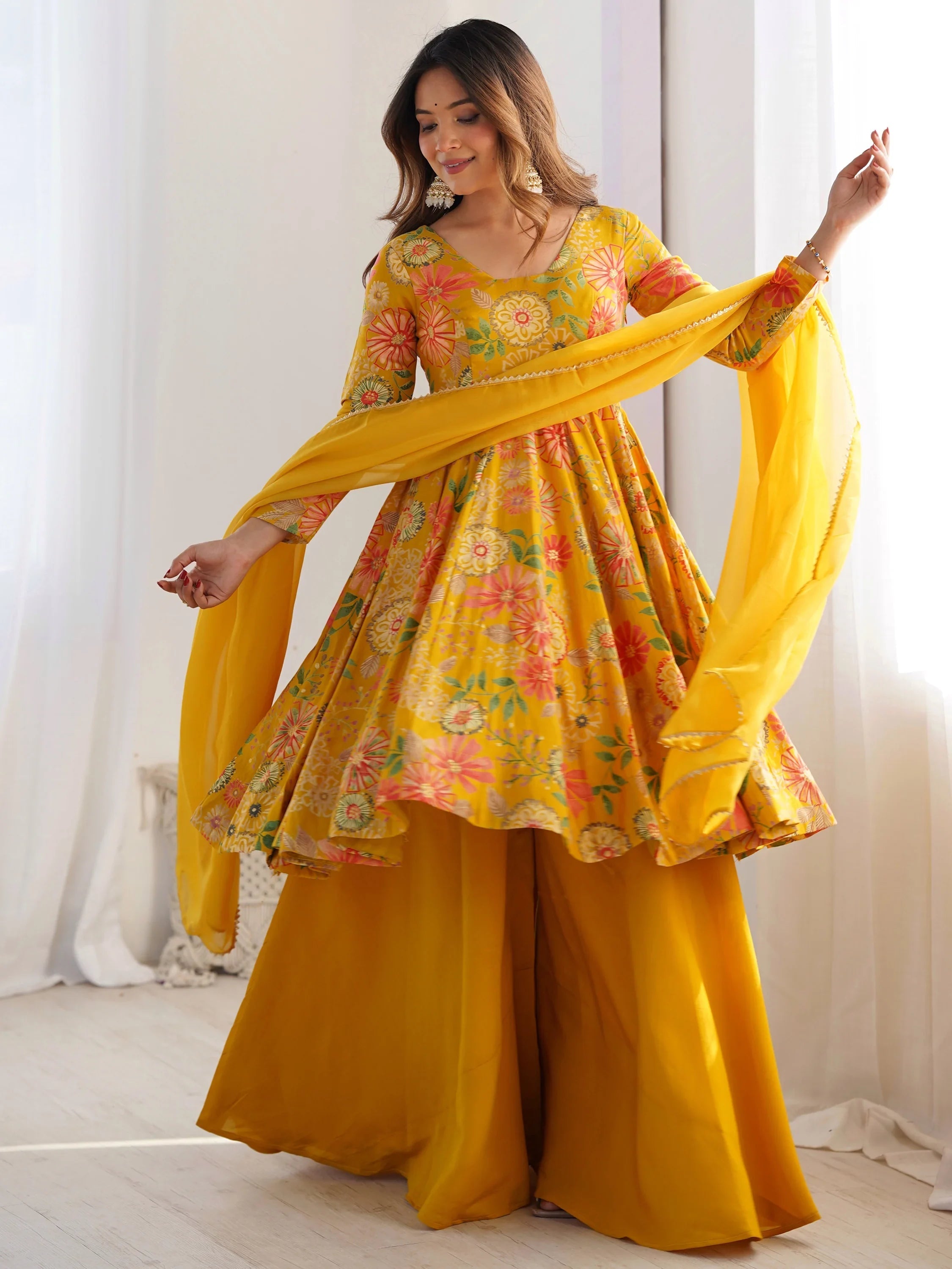 Yellow Printed Silk Festive Wear Palazzo Suit With Dupatta for Women