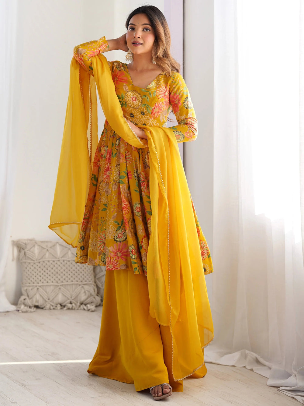 Yellow Printed Silk Festive Wear Palazzo Suit With Dupatta for Women