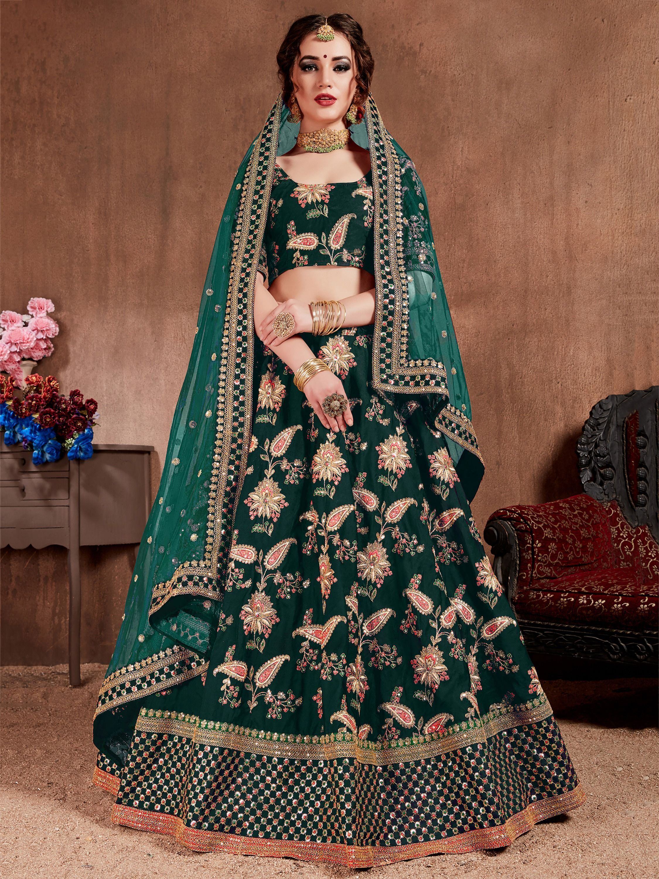 Taffeta lehenga choli with sequins embroidery and zari work for wedding occasions