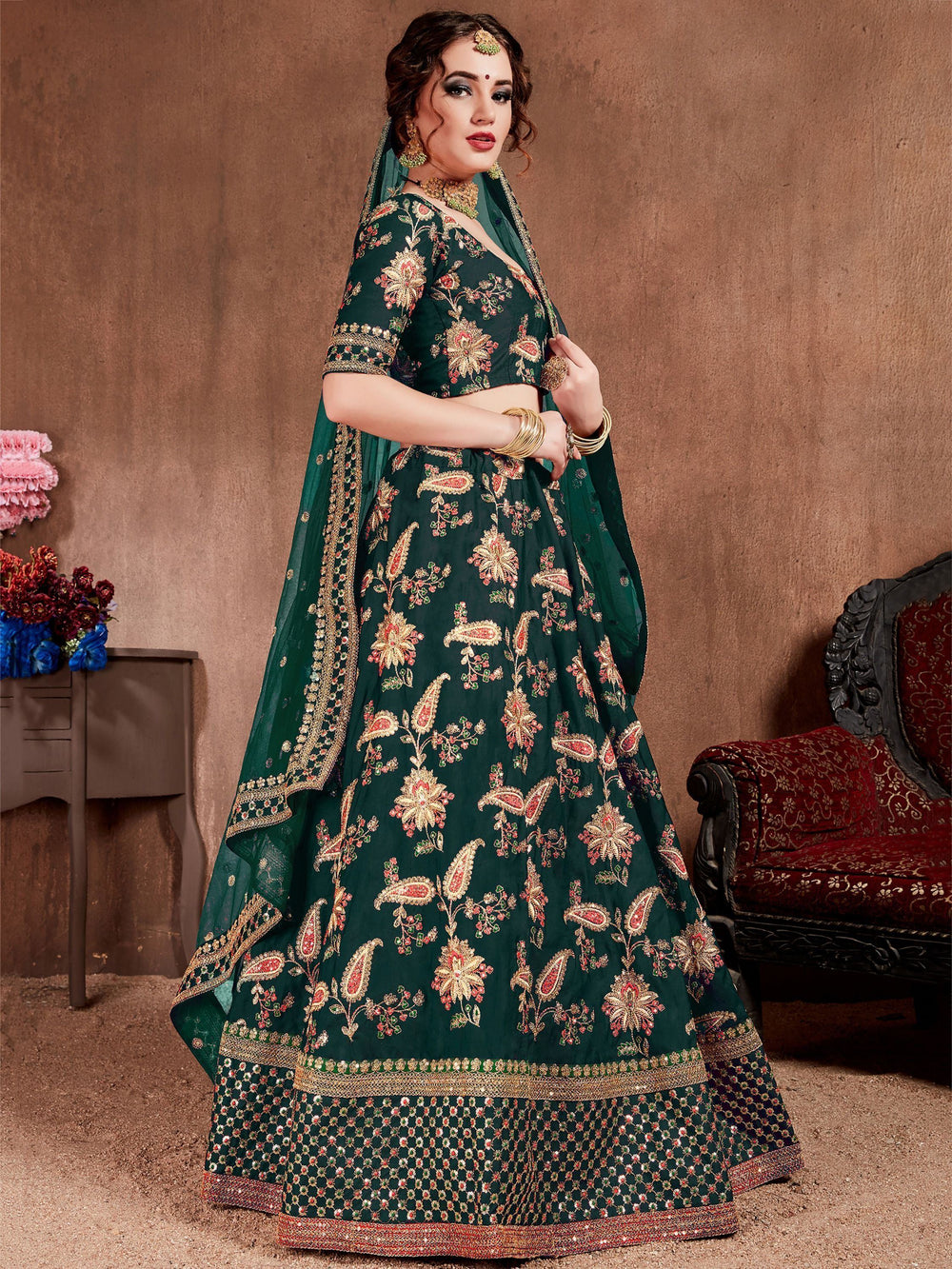 Taffeta lehenga choli with sequins embroidery and zari work for wedding occasions