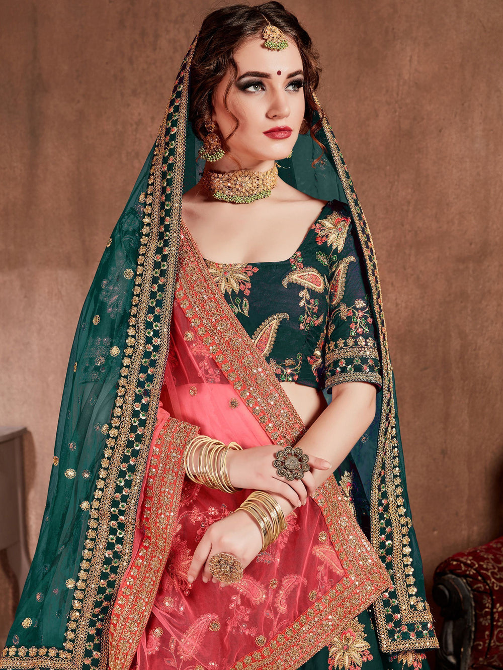 Taffeta lehenga choli with sequins embroidery and zari work for wedding occasions