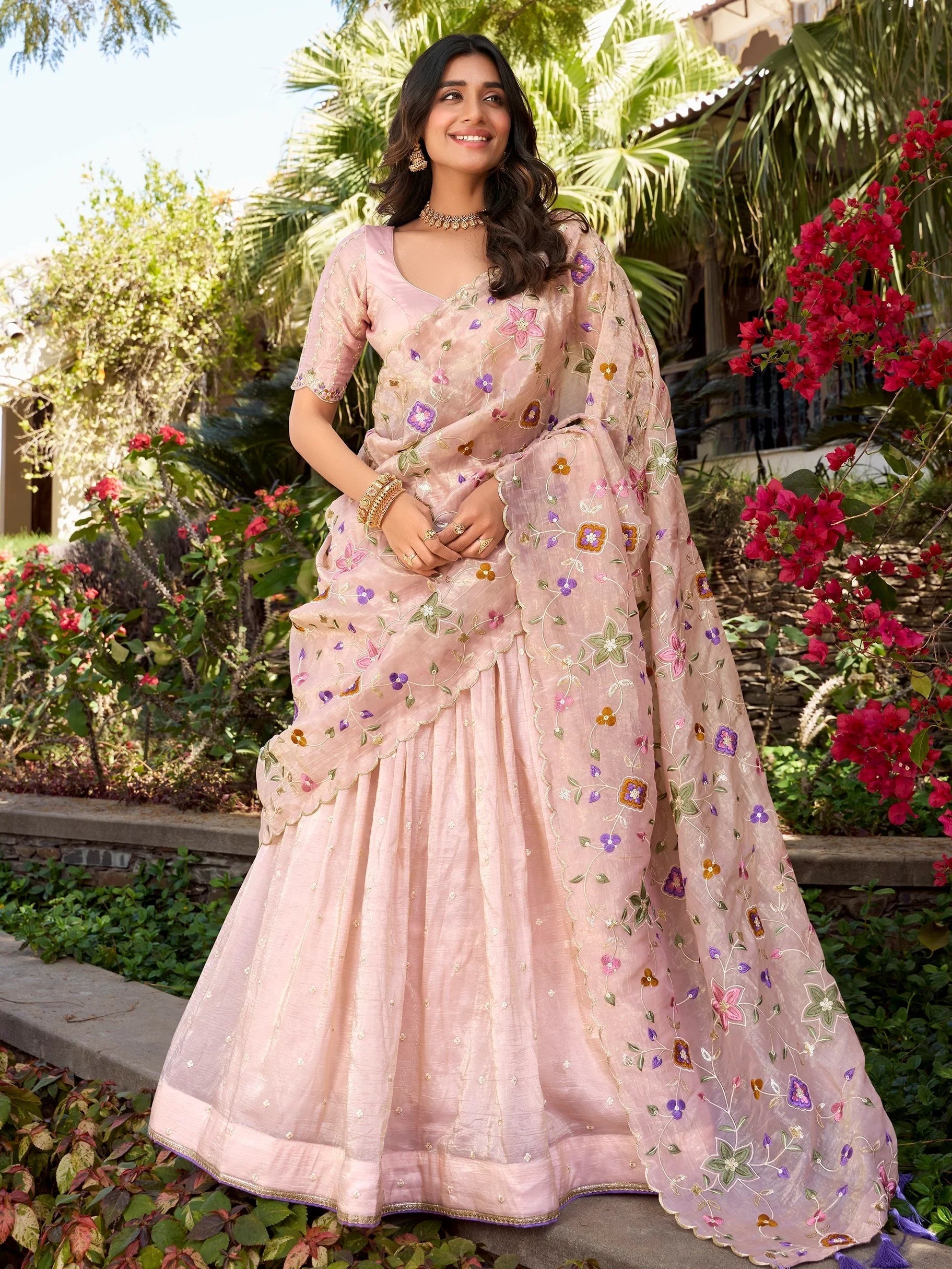 Light Pink Silk Floral Embroidered Lehenga Choli With Dupatta