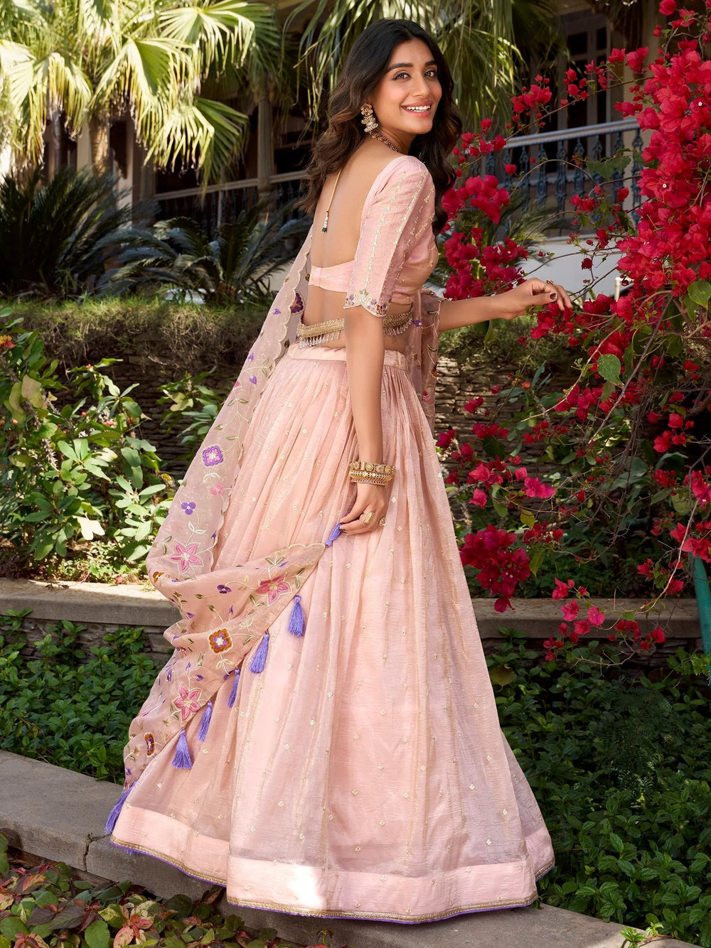 Light Pink Silk Floral Embroidered Lehenga Choli With Dupatta
