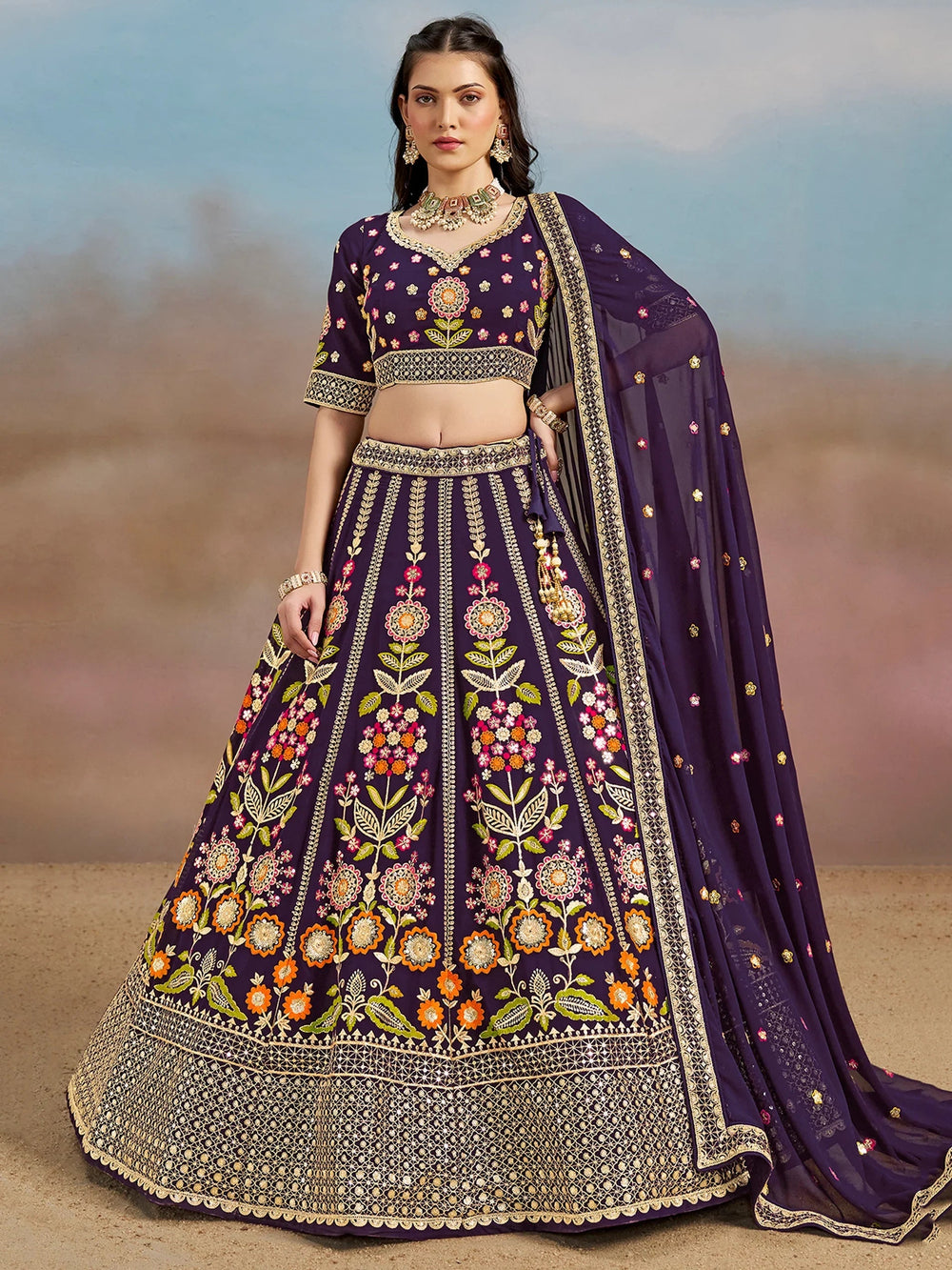 Sequins georgette lehenga choli with dupatta for wedding and mehendi ceremony