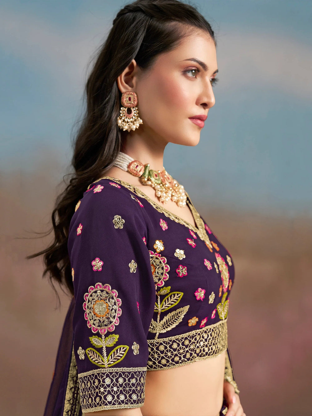 Sequins georgette lehenga choli with dupatta for wedding and mehendi ceremony