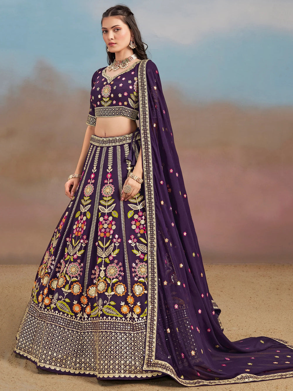 Sequins georgette lehenga choli with dupatta for wedding and mehendi ceremony