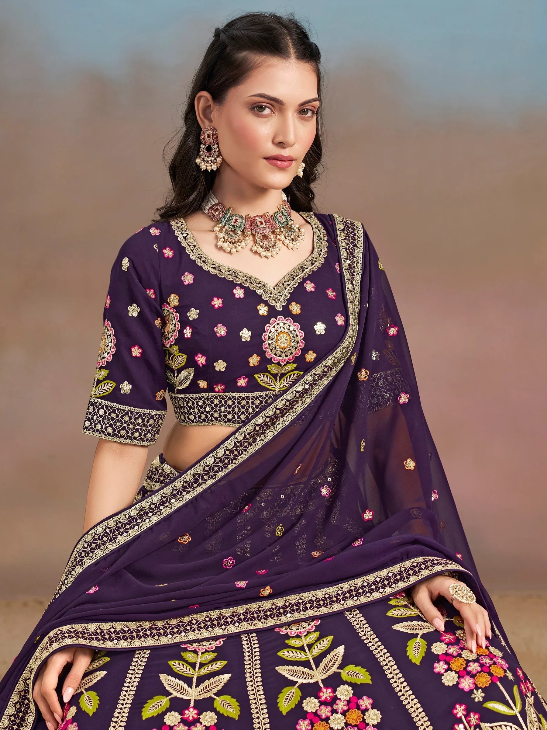 Sequins georgette lehenga choli with dupatta for wedding and mehendi ceremony