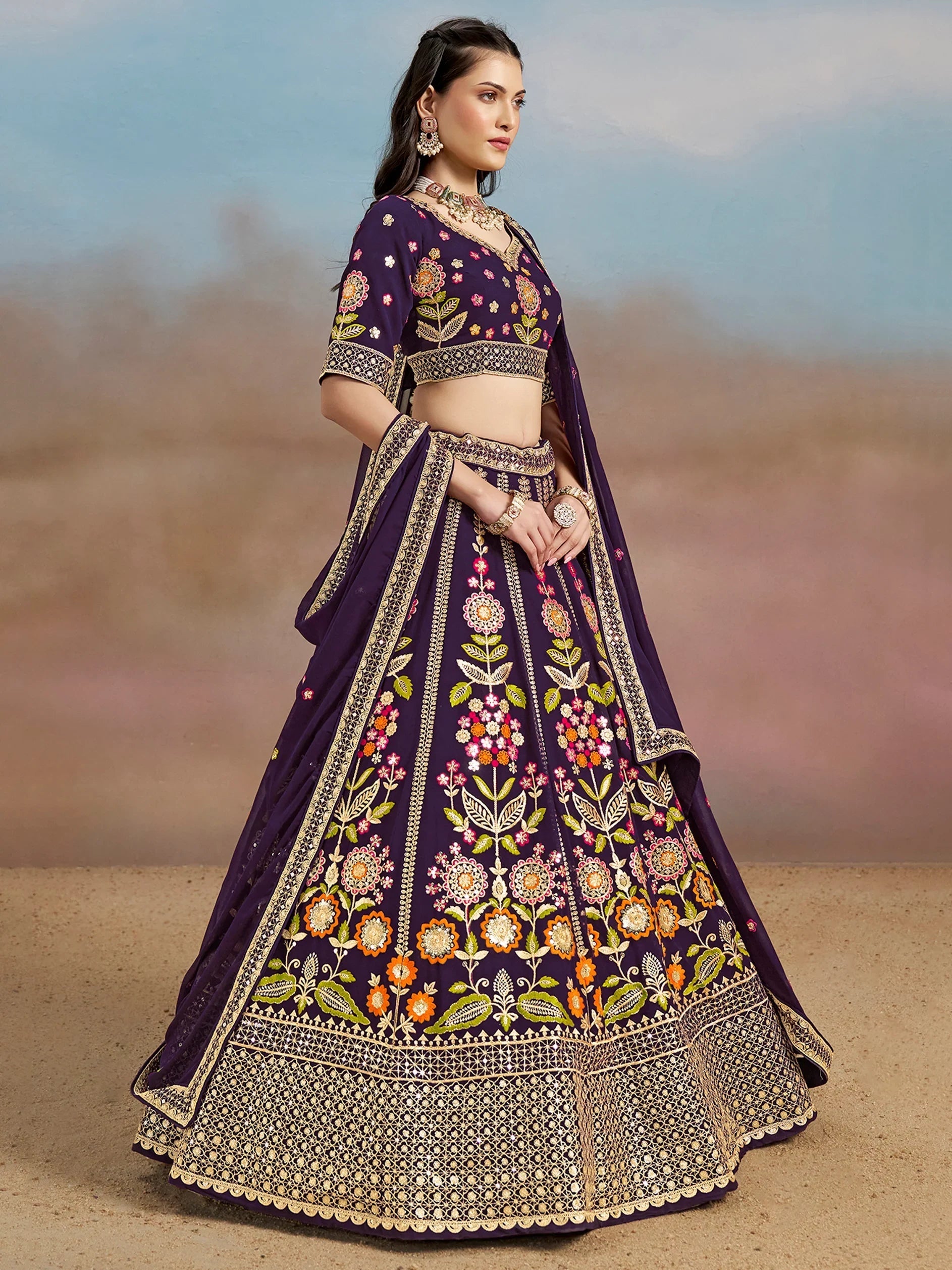 Sequins georgette lehenga choli with dupatta for wedding and mehendi ceremony