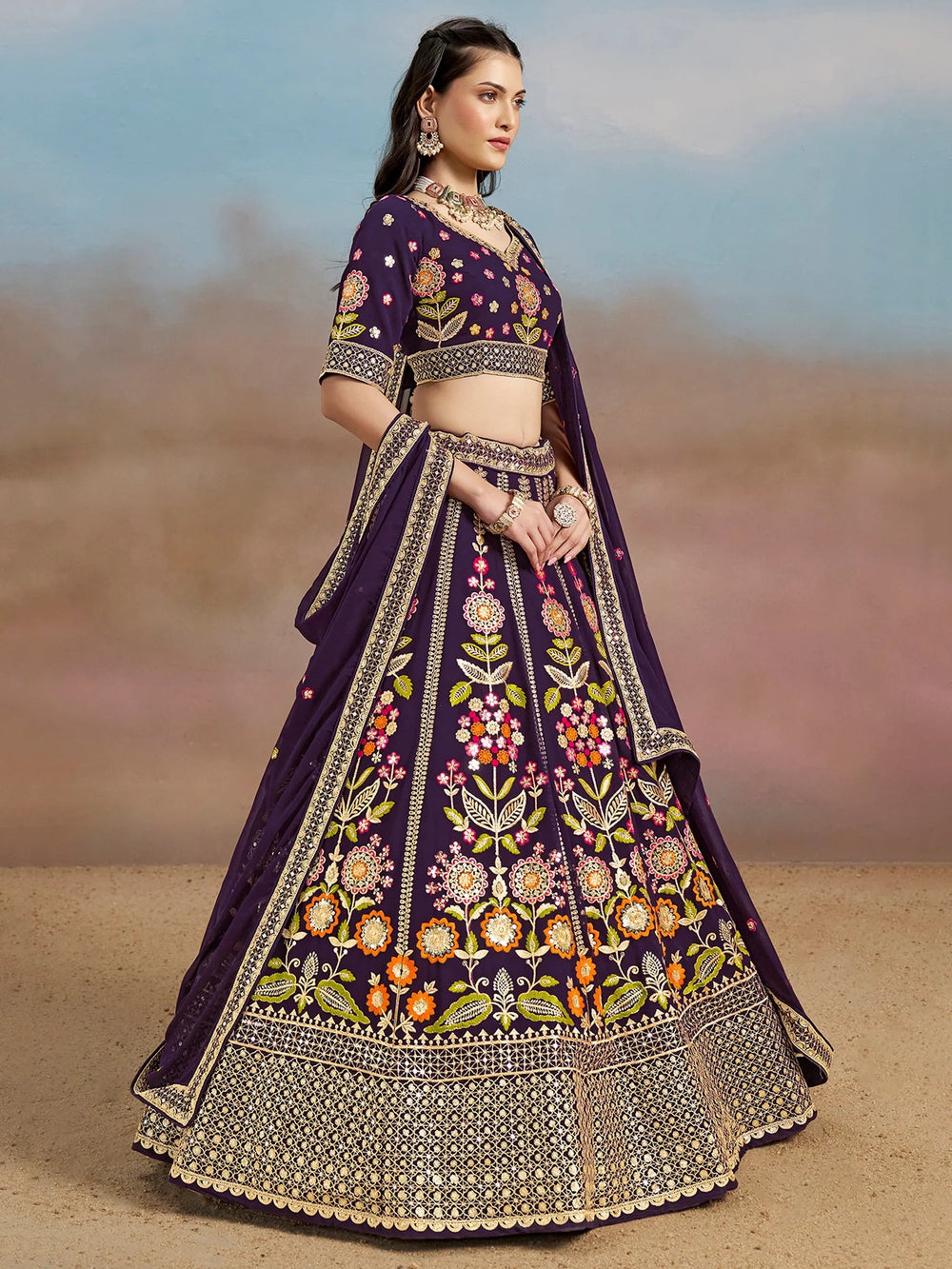 Sequins georgette lehenga choli with dupatta for wedding and mehendi ceremony