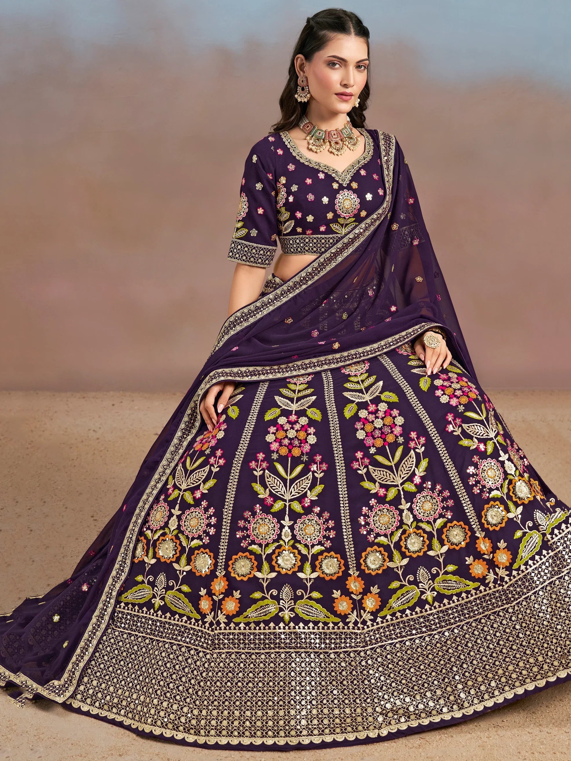 Sequins georgette lehenga choli with dupatta for wedding and mehendi ceremony