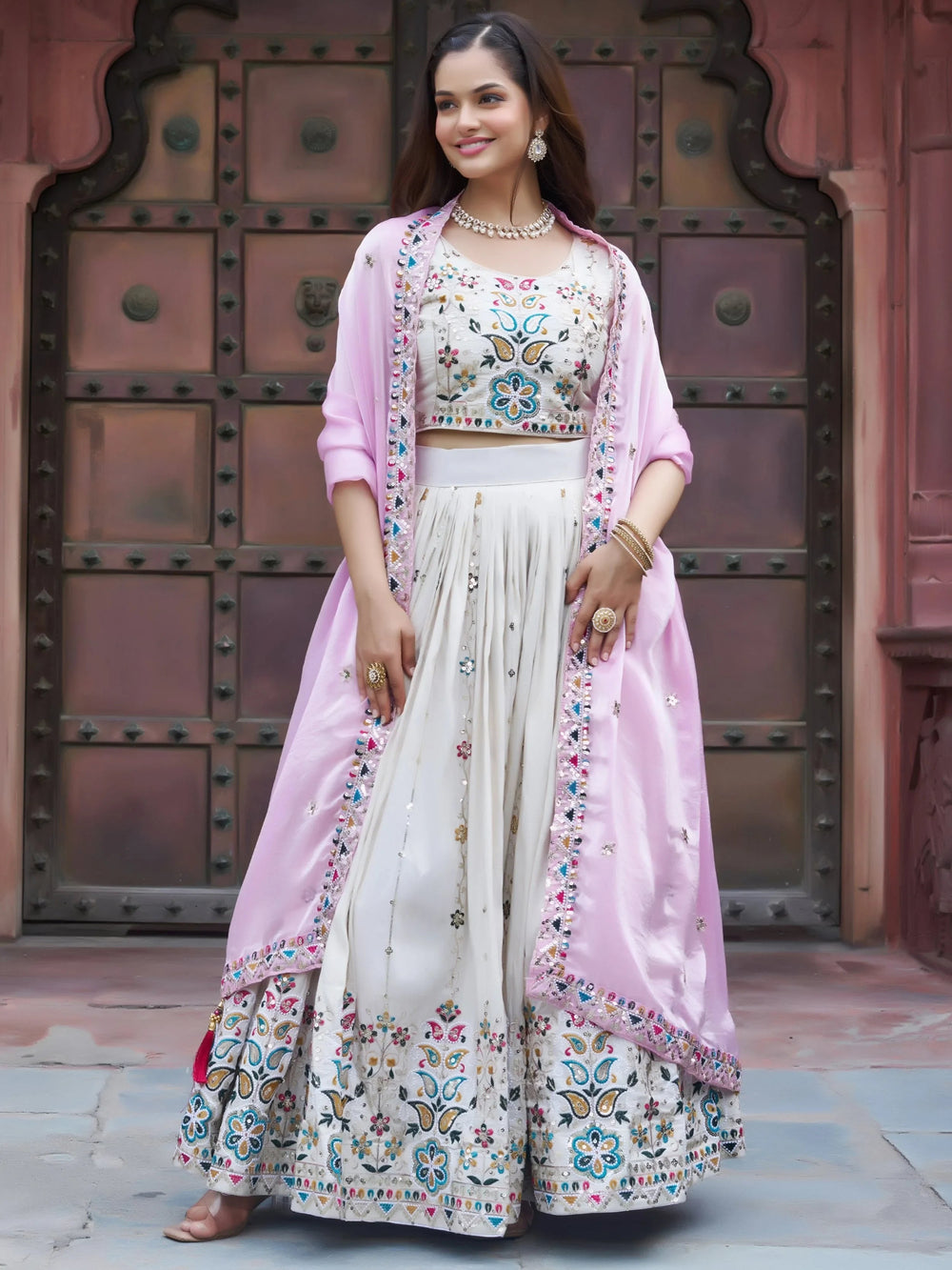 Off-White Sequins Silk Lehenga Choli With Pink Dupatta for Women