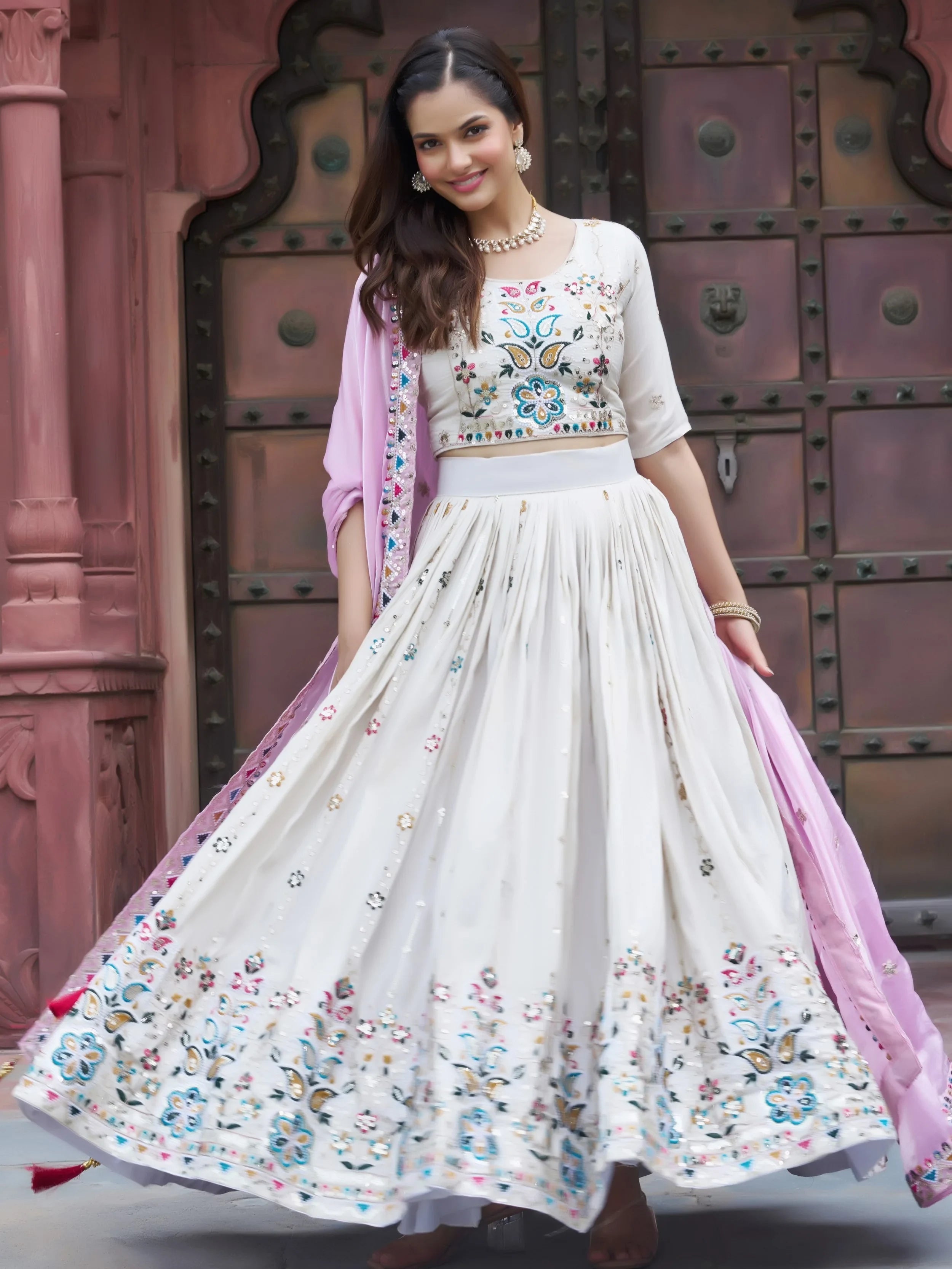 Off-White Sequins Silk Lehenga Choli With Pink Dupatta for Women