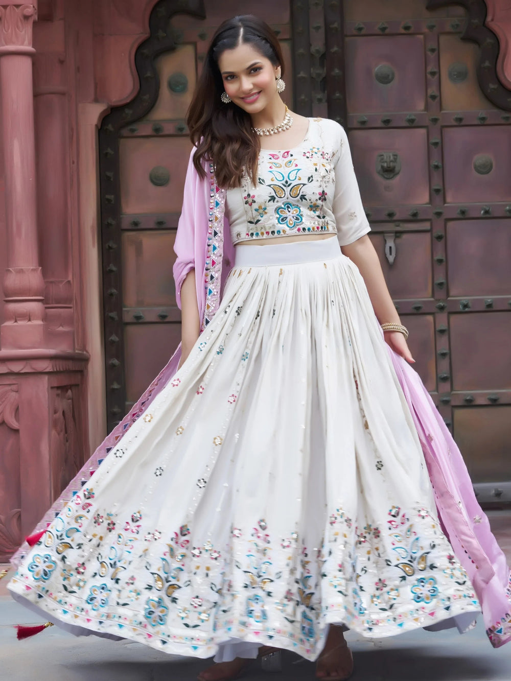 Off-White Sequins Silk Lehenga Choli With Pink Dupatta for Women