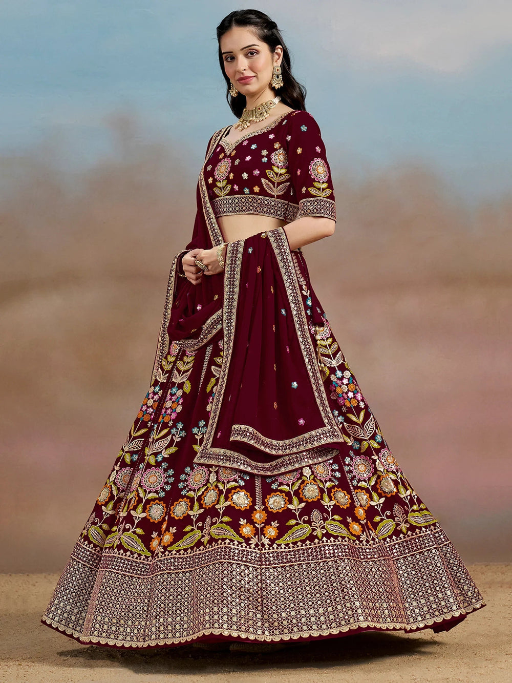 Sequins georgette lehenga choli with dupatta for wedding and mehendi ceremony