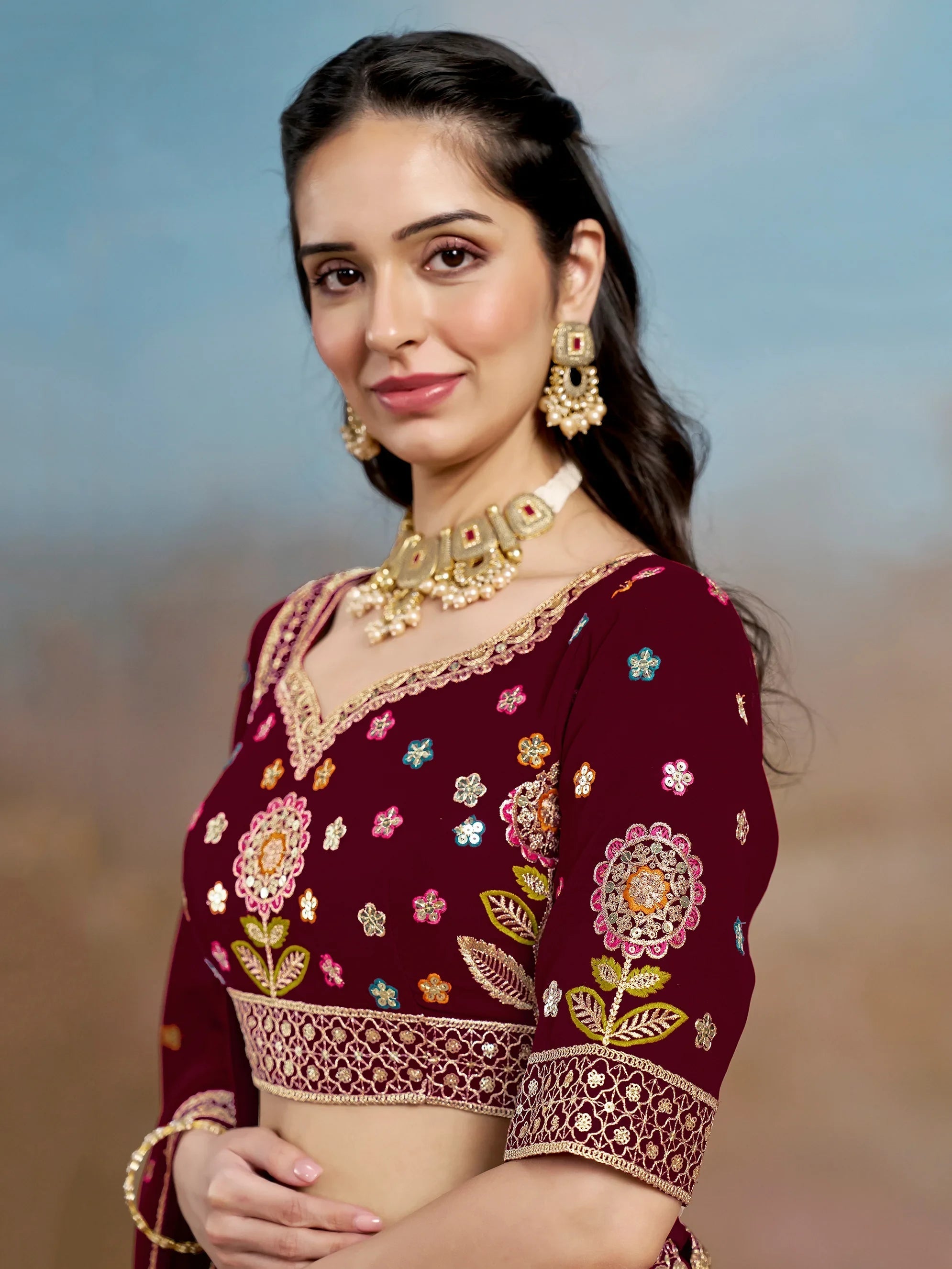 Sequins georgette lehenga choli with dupatta for wedding and mehendi ceremony