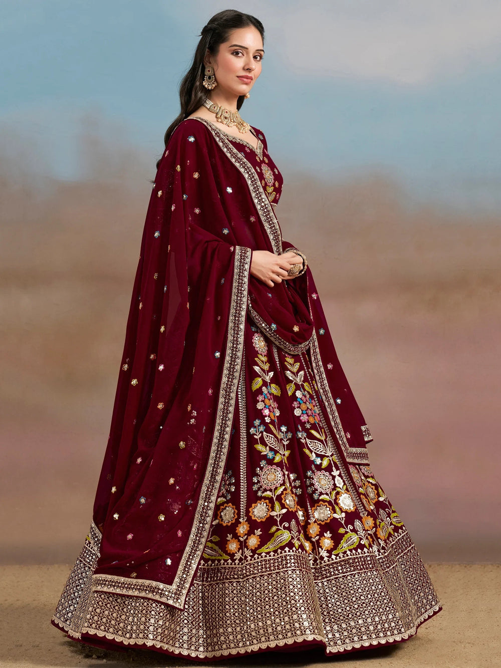 Sequins georgette lehenga choli with dupatta for wedding and mehendi ceremony