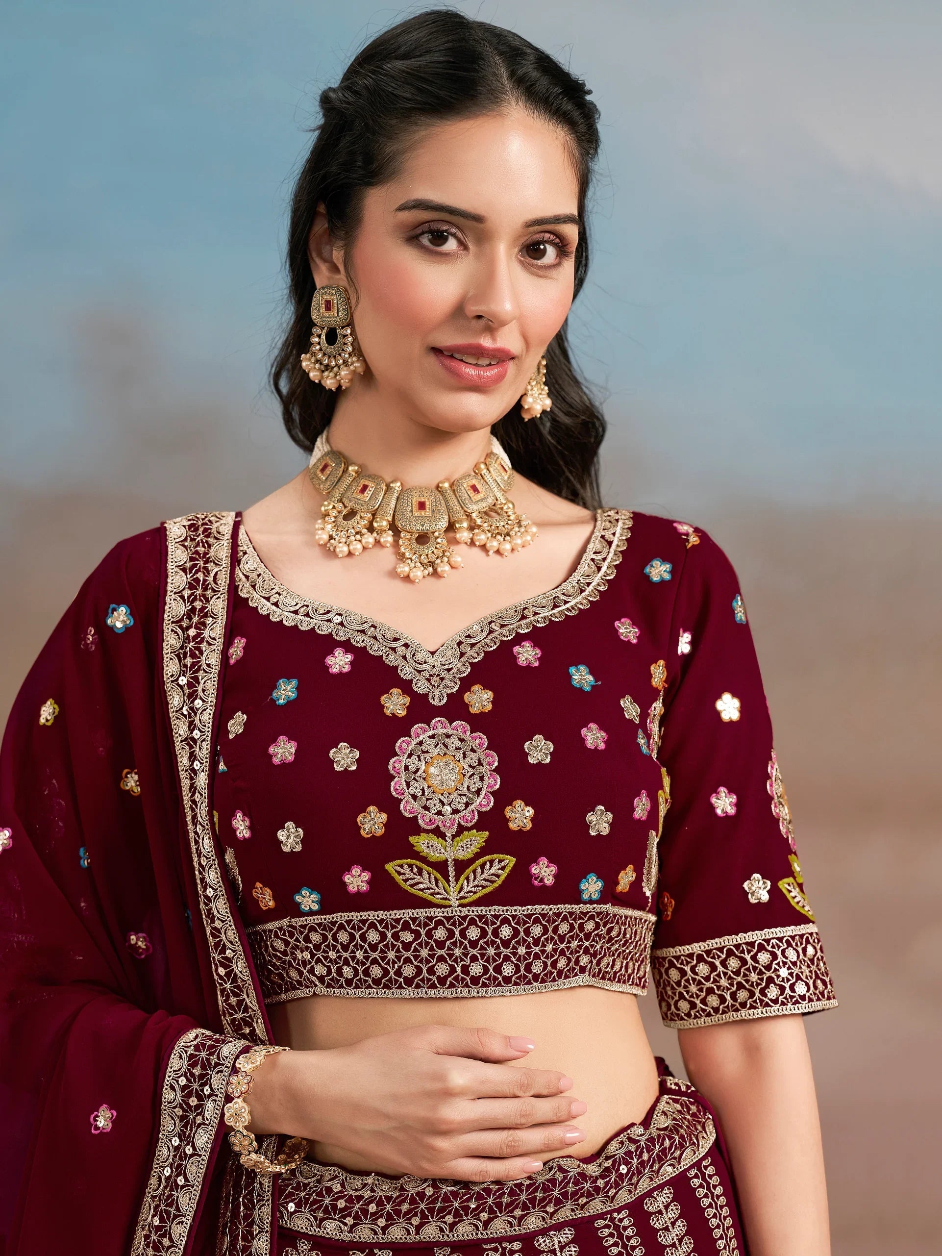 Sequins georgette lehenga choli with dupatta for wedding and mehendi ceremony
