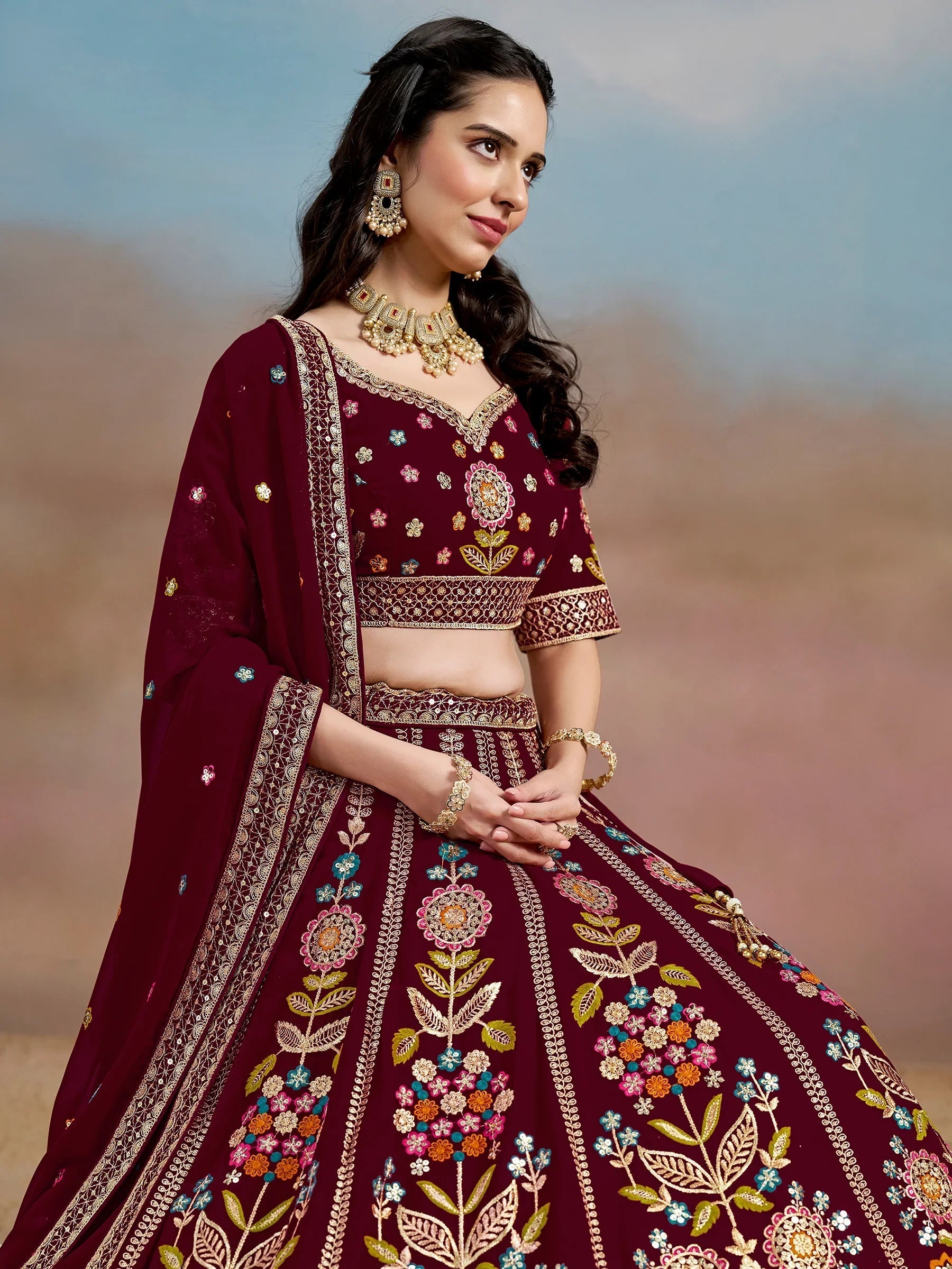 Sequins georgette lehenga choli with dupatta for wedding and mehendi ceremony