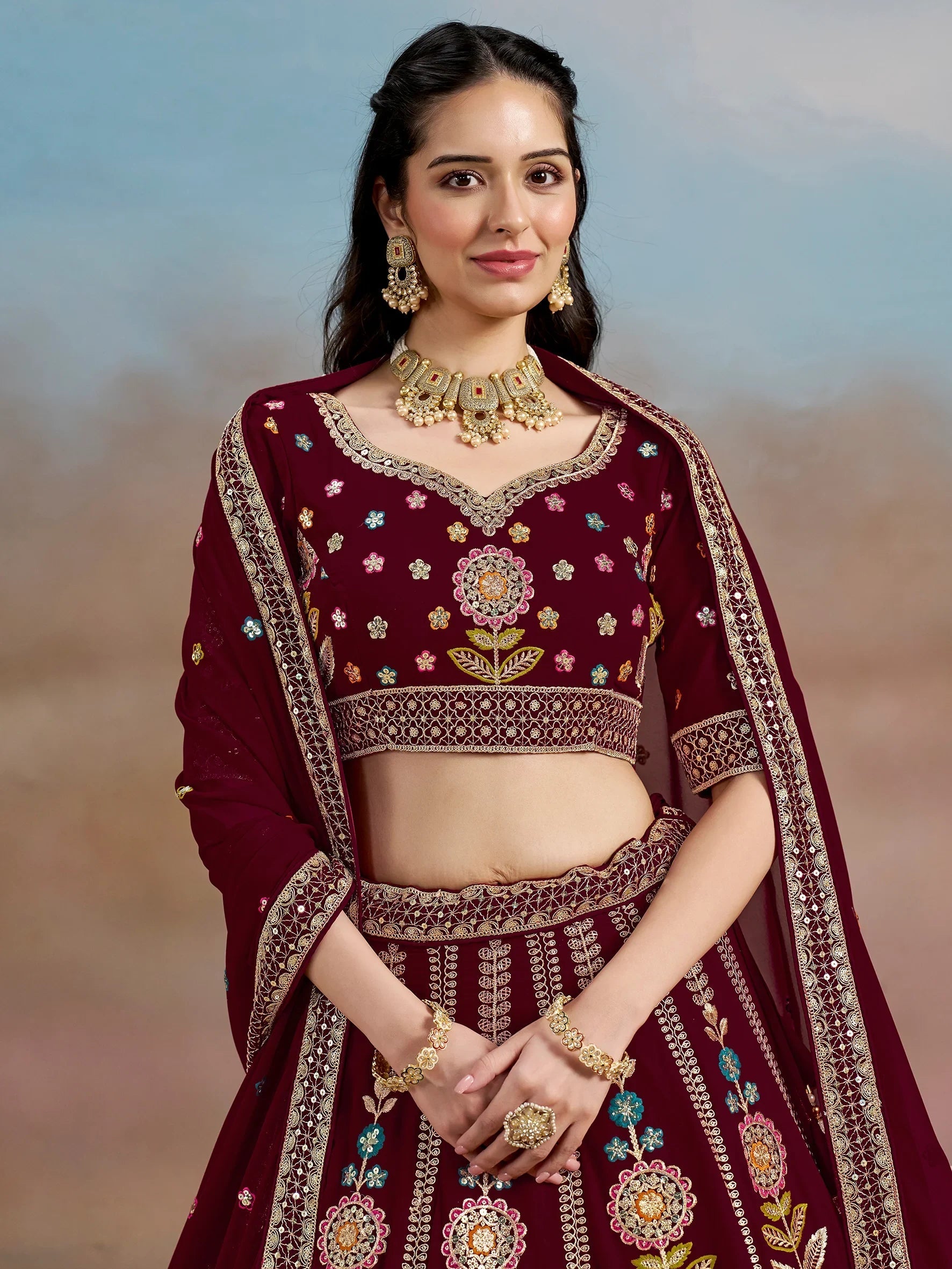 Sequins georgette lehenga choli with dupatta for wedding and mehendi ceremony