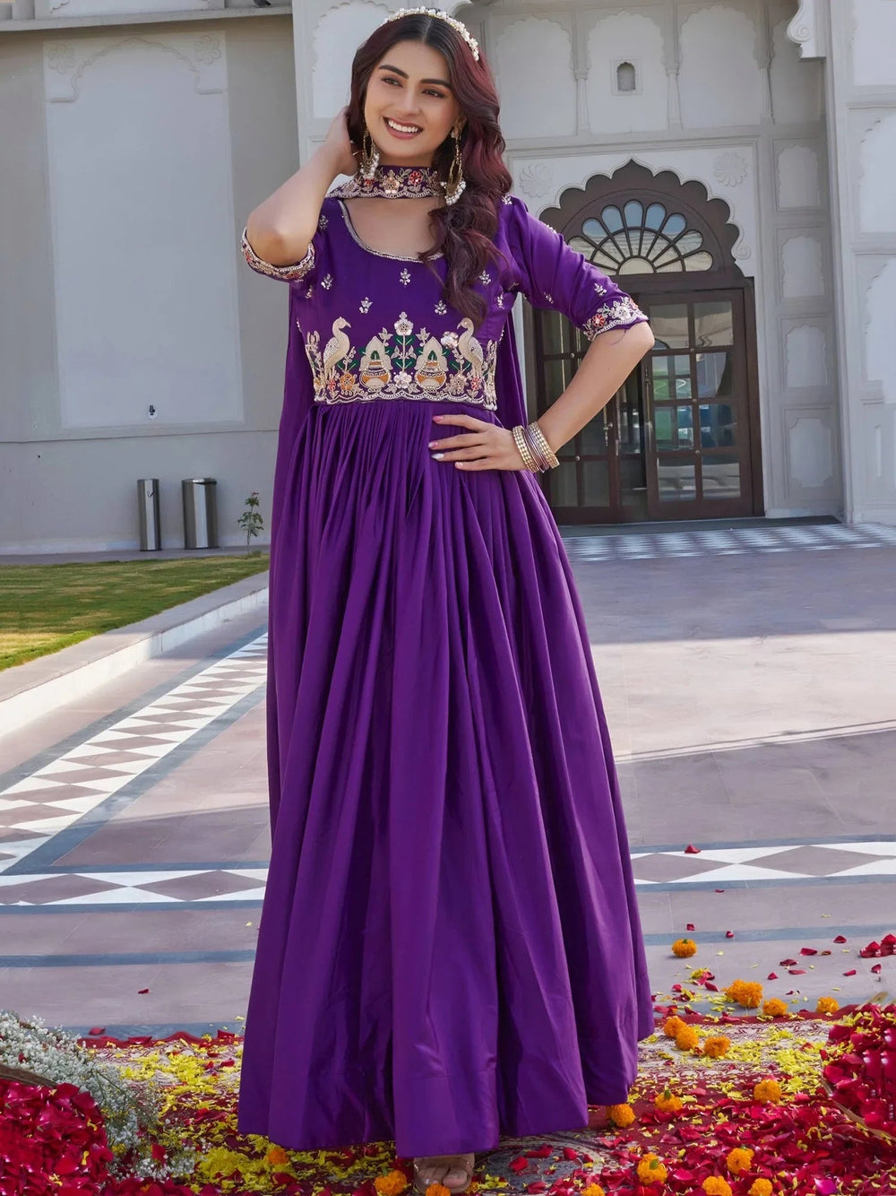 Purple Stylish Embroidered Silk Wedding Wear Gown With Dupatta for Women