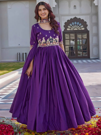 Purple Stylish Embroidered Silk Wedding Wear Gown With Dupatta for Women