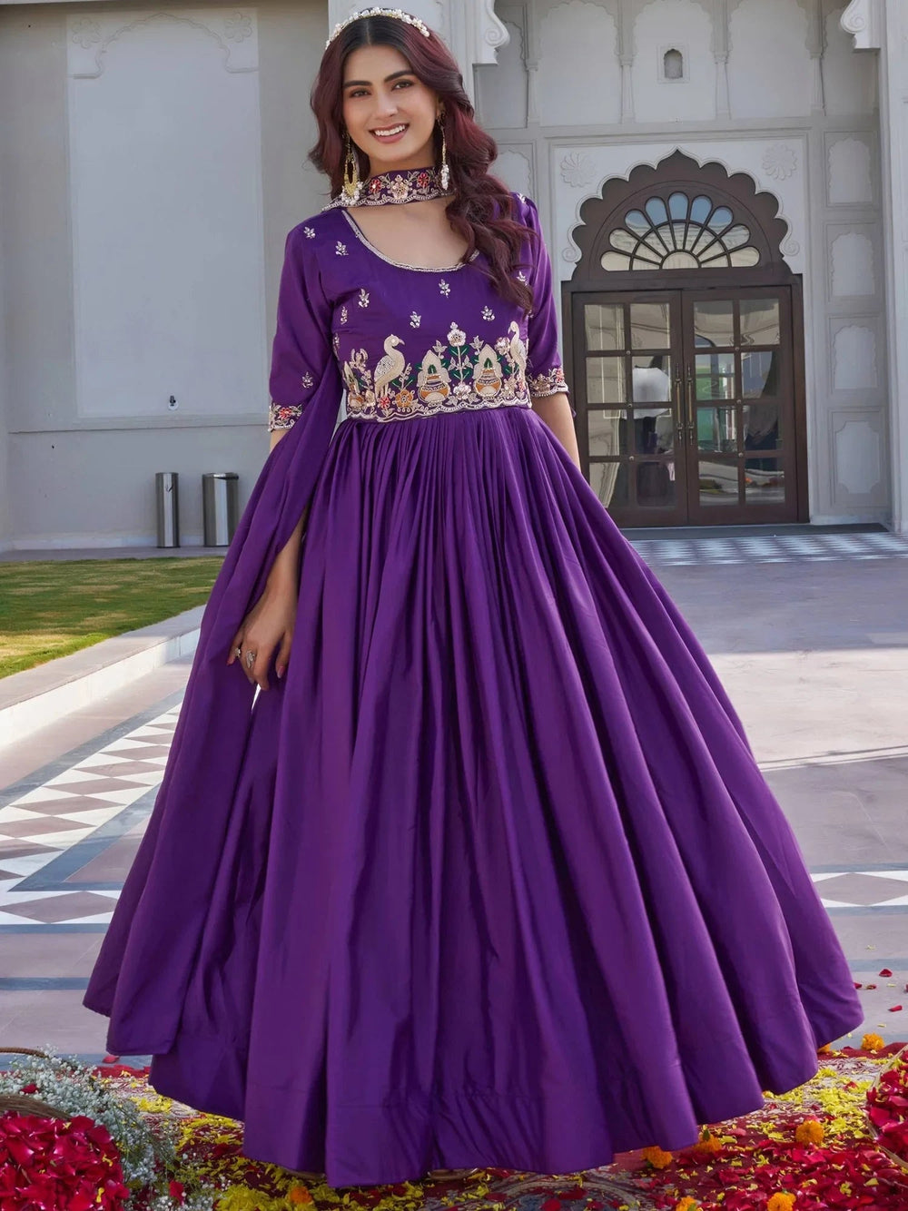 Purple Stylish Embroidered Silk Wedding Wear Gown With Dupatta for Women