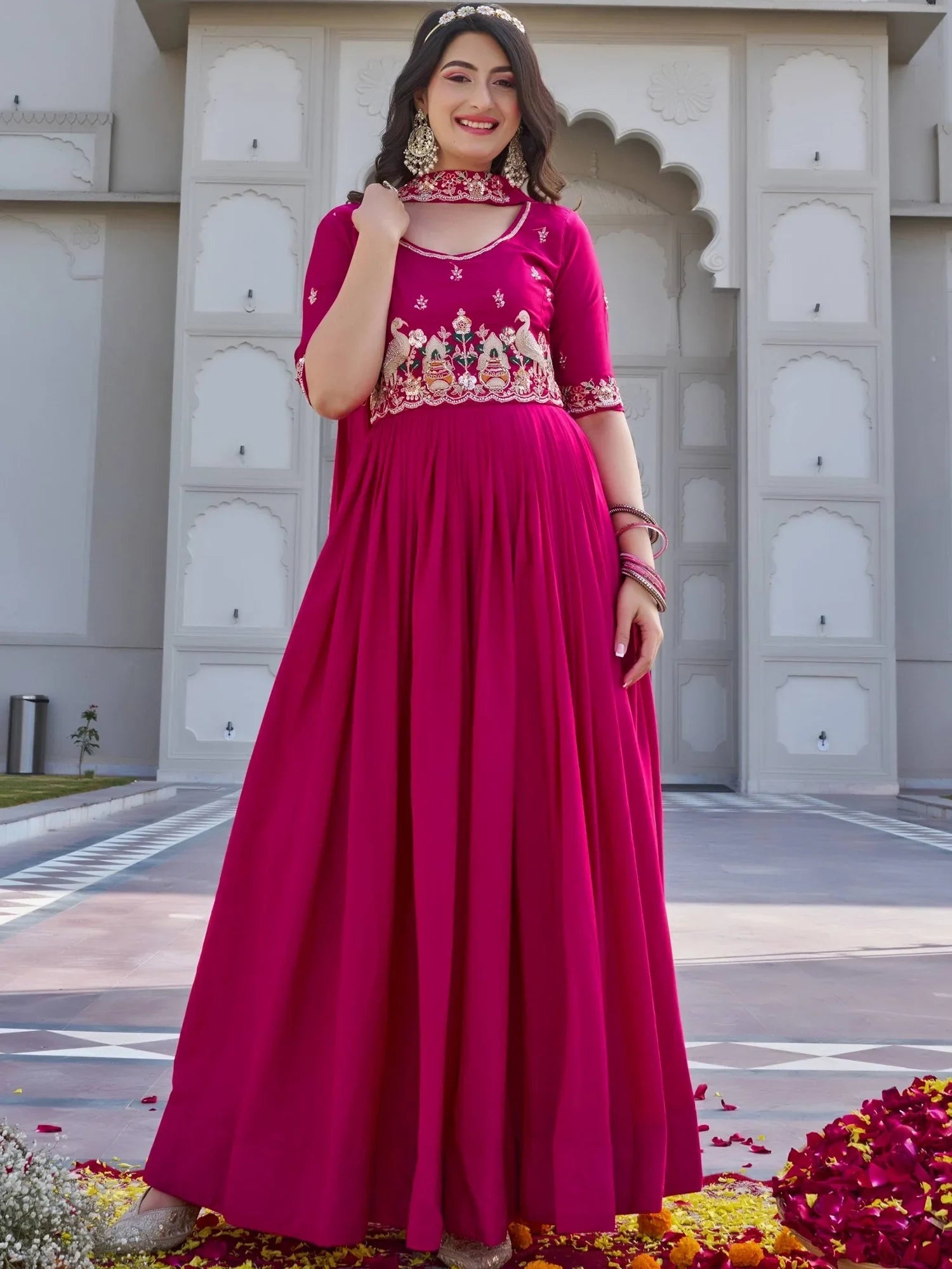 Pink Stylish Embroidered Silk Wedding Wear Gown With Dupatta for Women