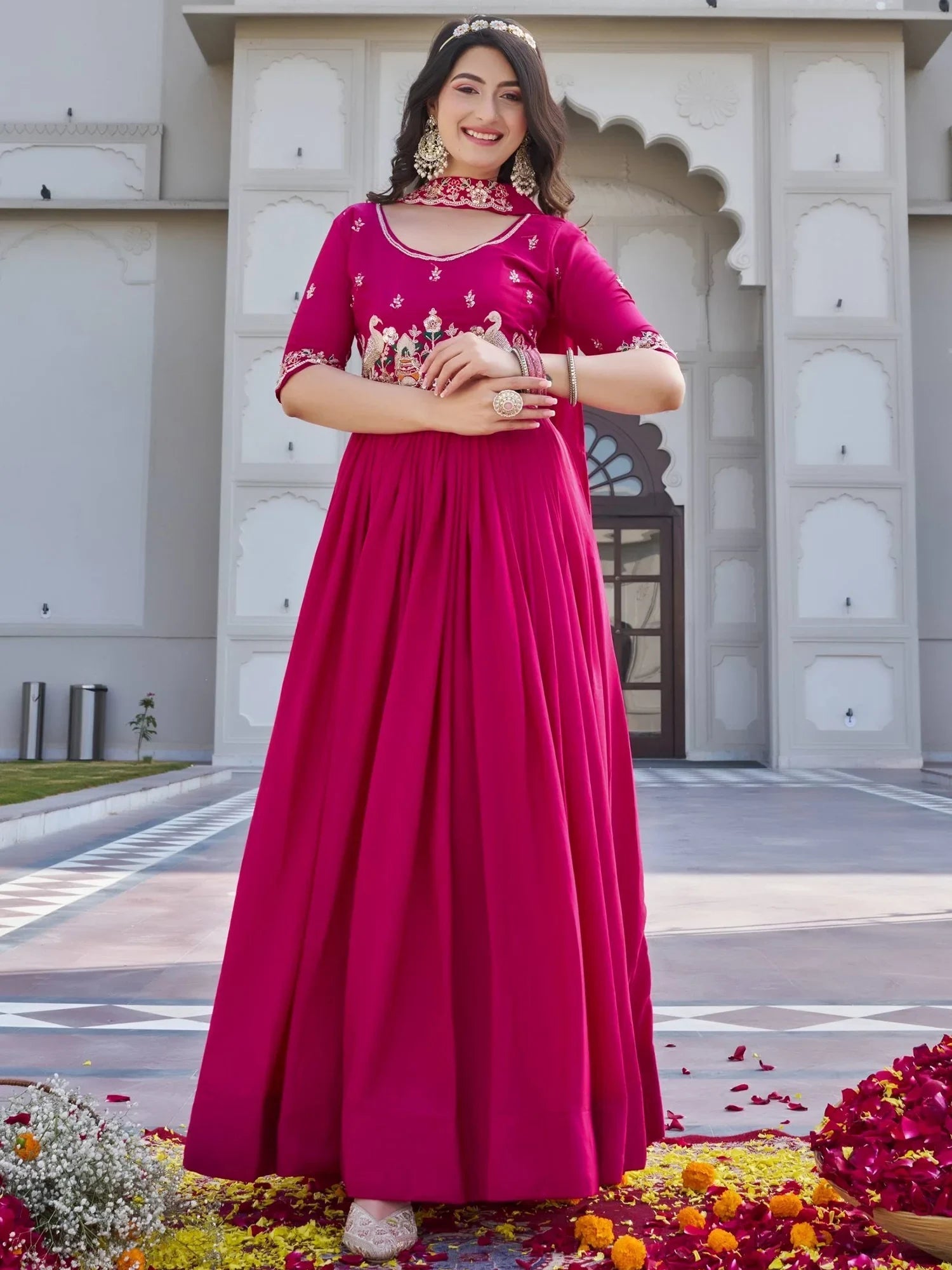 Pink Stylish Embroidered Silk Wedding Wear Gown With Dupatta for Women