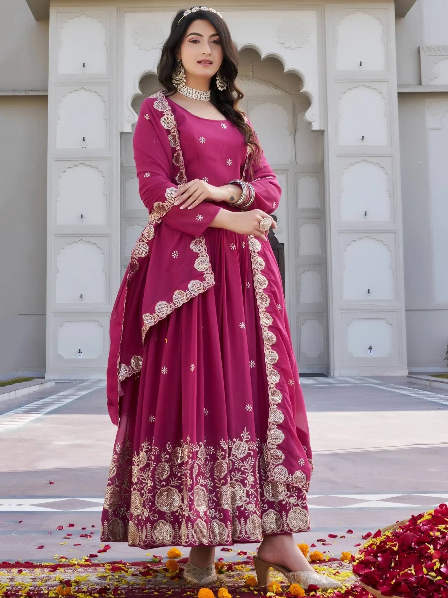 Pink Dazzling Embroidered Georgette Festival Wear Gown With Dupatta for Women