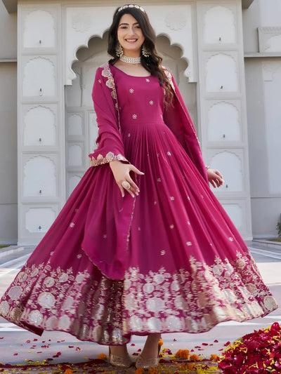 Pink Dazzling Embroidered Georgette Festival Wear Gown With Dupatta for Women