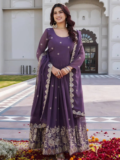 Purple Dazzling Embroidered Georgette Festival Wear Gown With Dupatta for Women