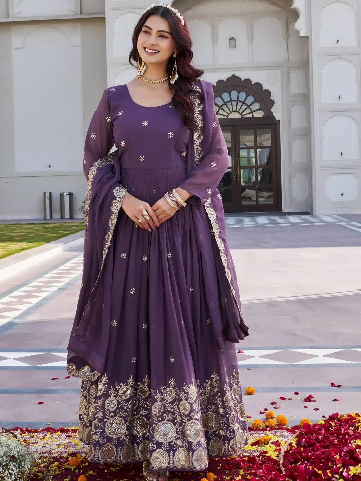 Purple Dazzling Embroidered Georgette Festival Wear Gown With Dupatta for Women