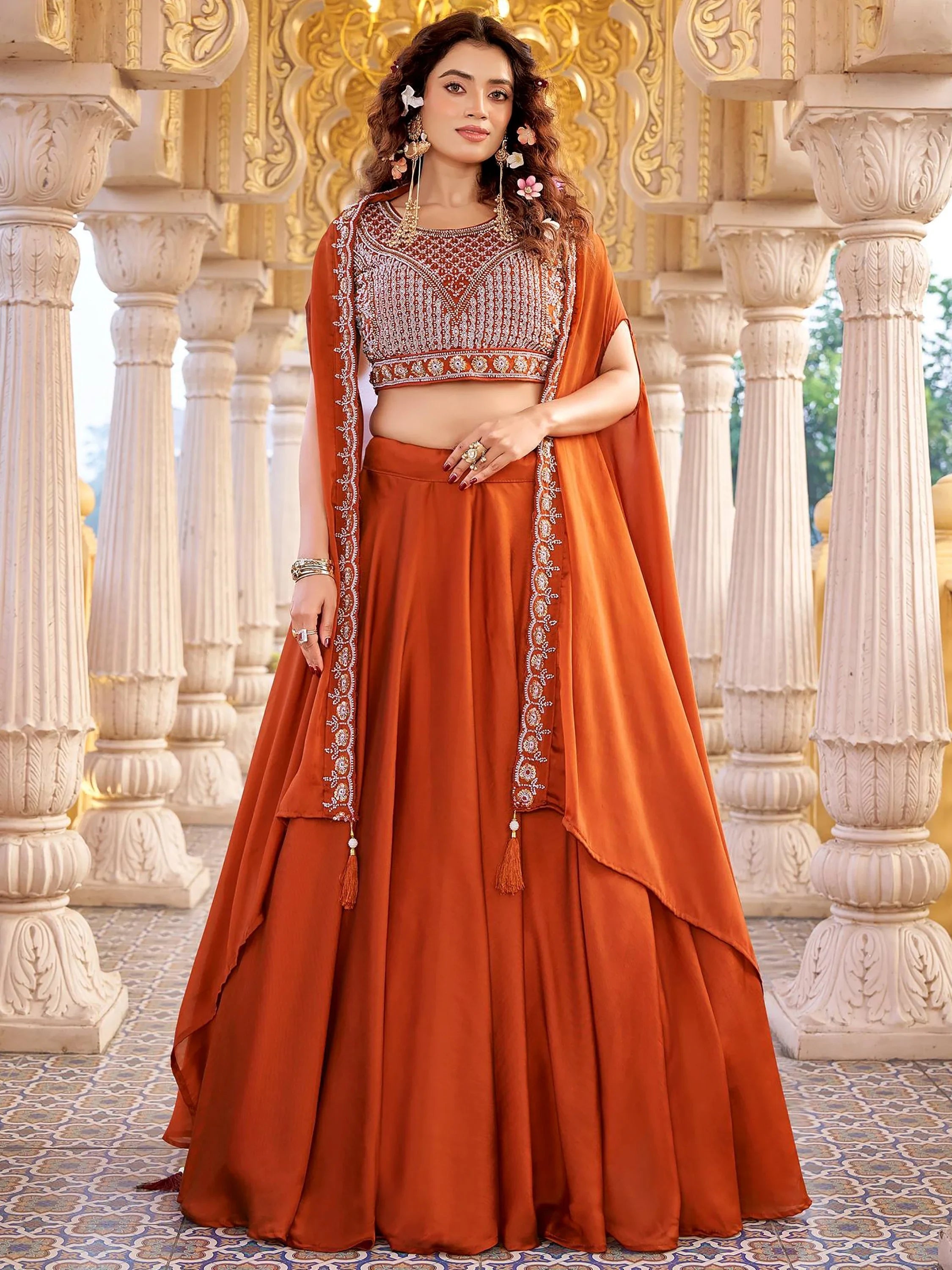 Orange Luxurious Beads Work Silk Function Wear Cape Lehenga Choli for Women
