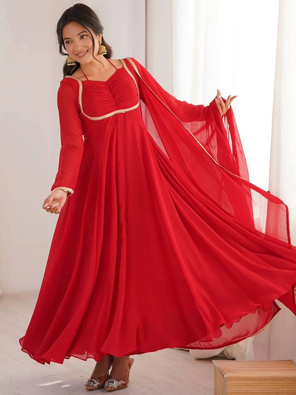 Red Georgette Festival Wear Gown With Dupatta for Women