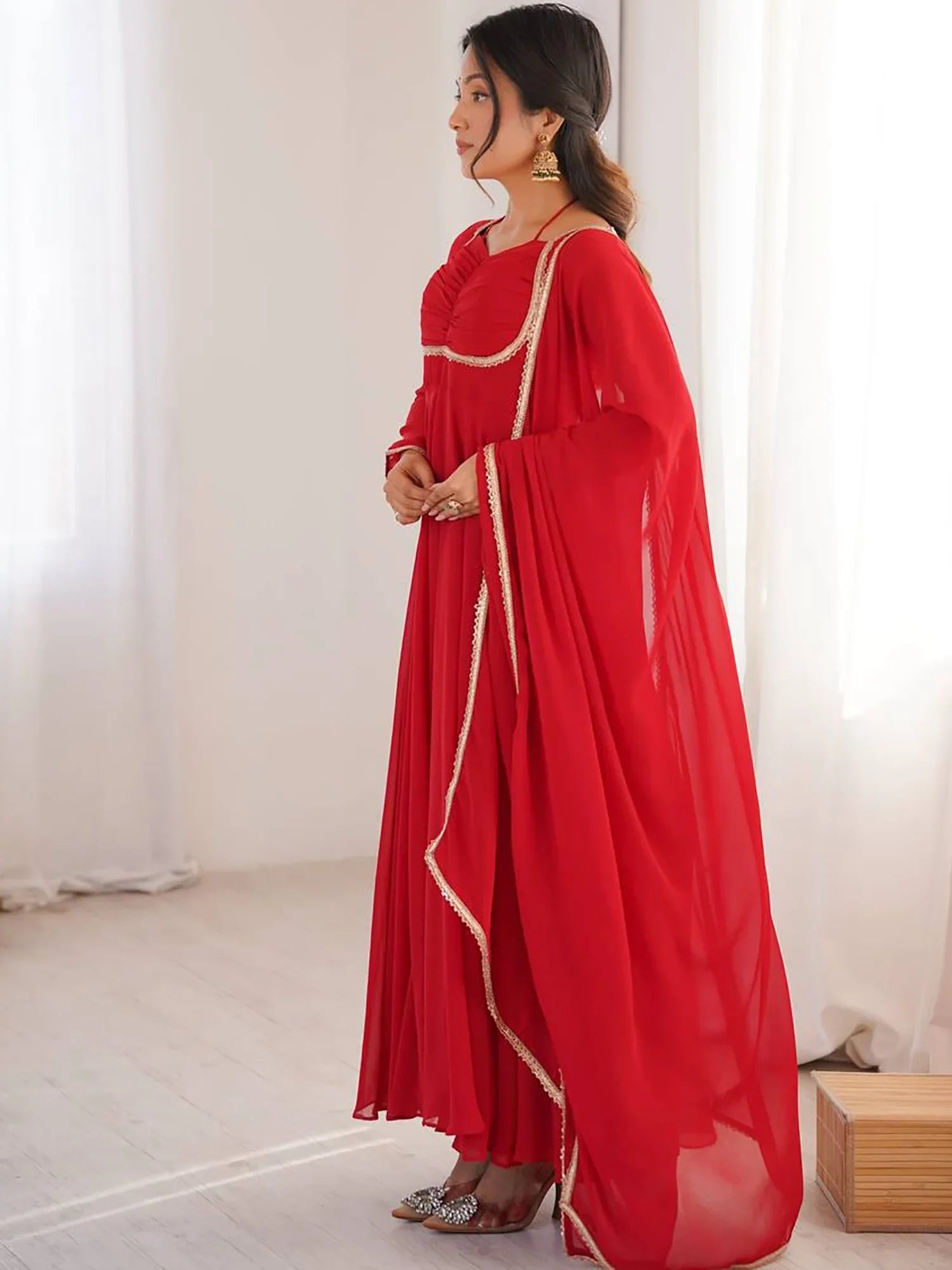 Red Georgette Festival Wear Gown With Dupatta for Women